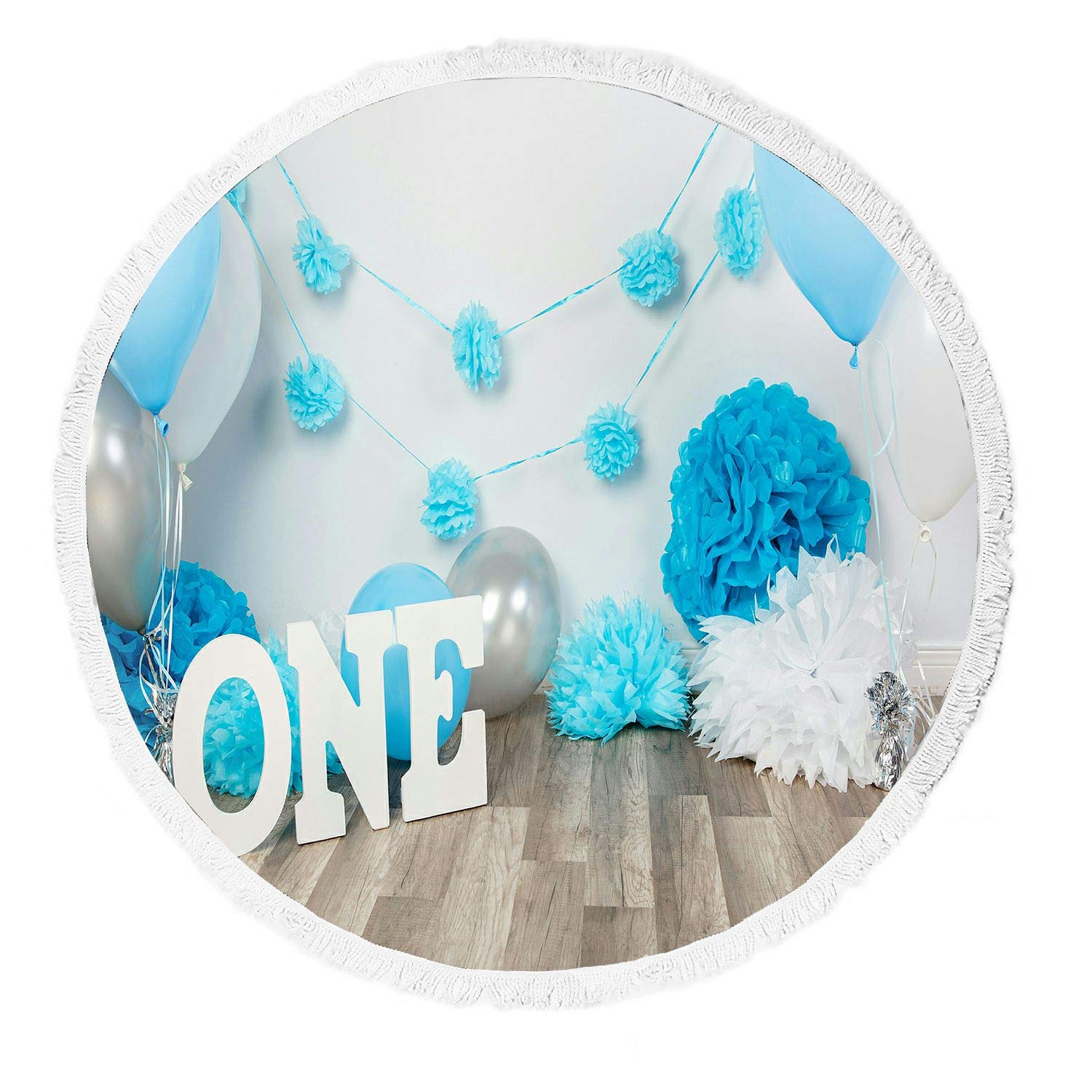 ABPHQTO Blue Balloons Cake Smash First Birthday Beach Towel - Premium Tassel Trimmed Blanket for Cake Smash Photos, Beach Yoga, Picnics & Outdoor Activities