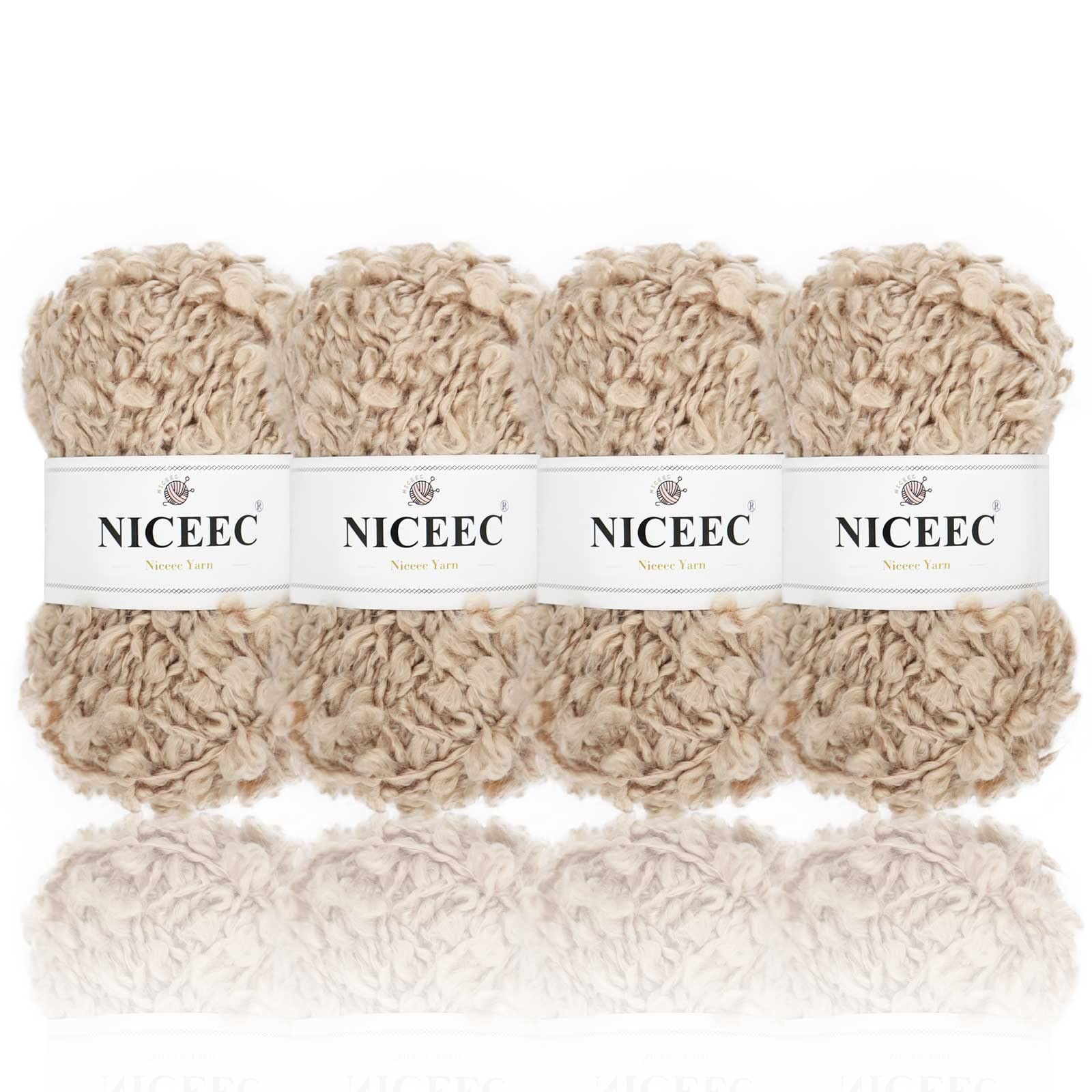 Soft NICEEC 4 Skeins Fancy Loop Boucle Yarn for Crochet & Knitting - DIY Craft, Fashion Accessories (Fingering Weight, 4×65yds/4×1.76oz, Beige) - Perfect for Scarves, Hats, and Home Decor Projects