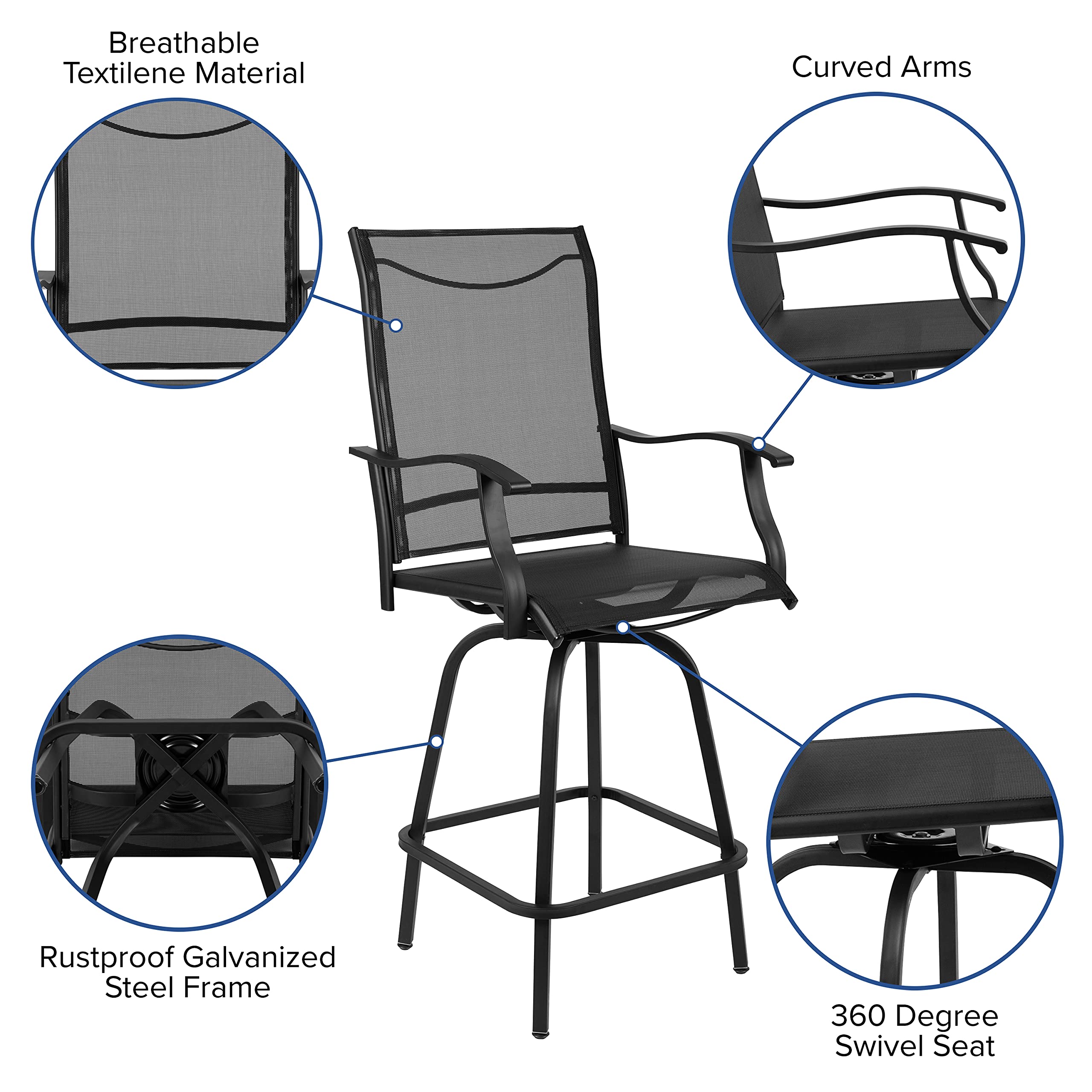 **Black All-Weather Textilene Swivel Bar Height Patio Stools Set of 2 – High Back & Armrests for Outdoor Deck, Garden, or Poolside Relaxation**