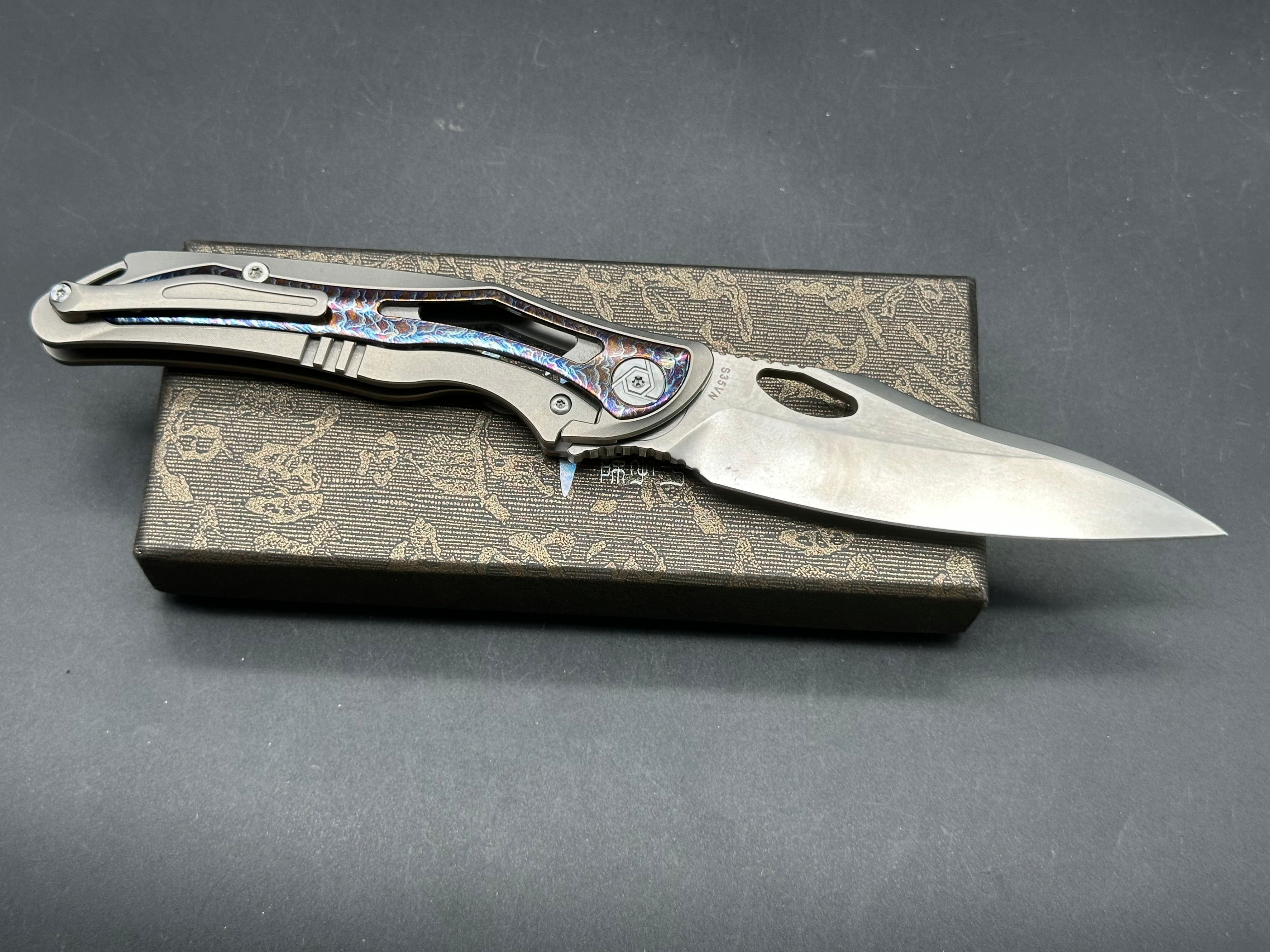 Premium CH KNIVES Spear Pocket Knife - Damascus Steel S35VN Blade with Titanium Handle - EDC, Camping, Survival & Outdoor Activities