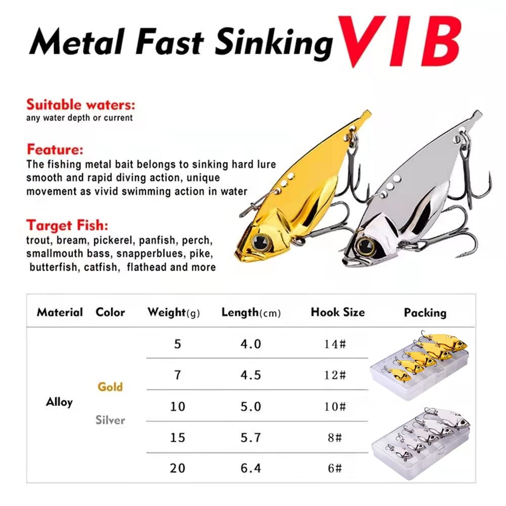 5 Pack Metal Blade Baits – Bass Fishing Lures, Hard Metal VIB Spoons, Crankbaits & Swimbaits for Trout, Walleye, Crappie & Saltwater Fishing – Perfect for Freshwater & Ocean Angling