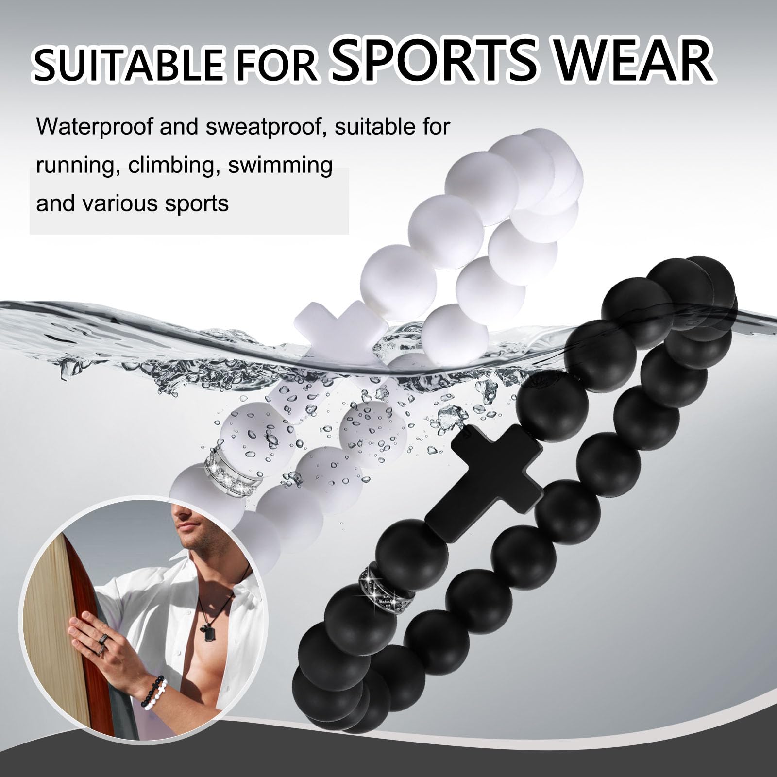 MEALGUET 2 Pack Silicone Cross Bracelet Set for Men & Women - Stretchable Jesus Wristband with Beaded Design, Religious Christian Catholic Jewelry Gift for Faithful - Perfect for Church, Bible Study & Daily Wear