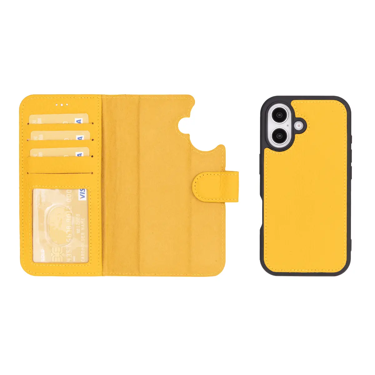 Premium Yellow Leather Wallet Case for iPhone 16 (6.1