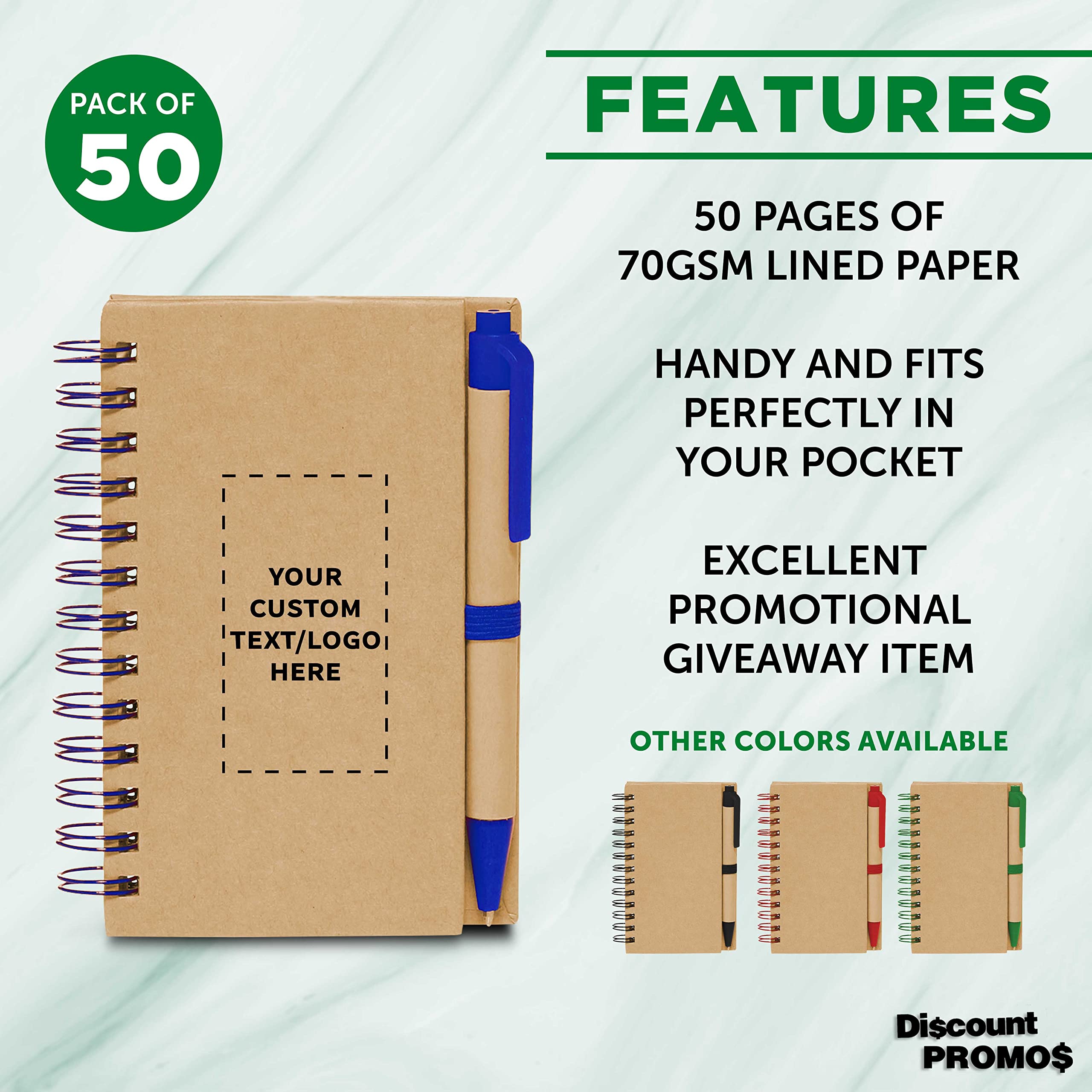 Custom Mini Spiral Notebooks with Black Ink Pens (50-Pack) - Personalized Bulk Journals for School, Office & Business Use - Blue - Perfect for Note Taking, Gifts & Daily Organization