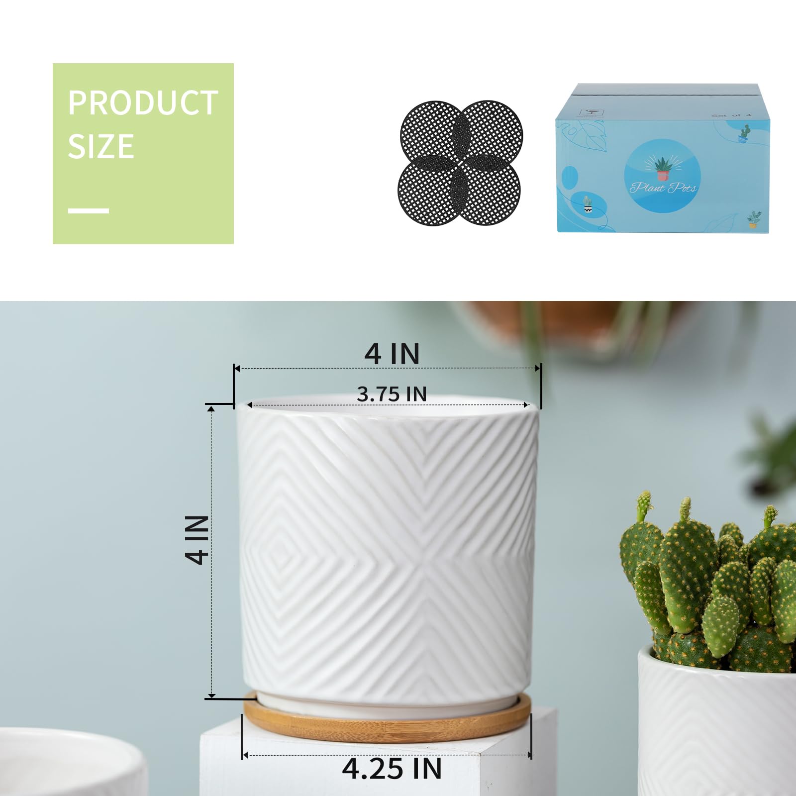 4 Inch Ceramic Succulent Planter with Drainage Hole & Saucer - Modern Geometric Design Flower Pot for Snake Plants, Cactus, Herbs - Indoor & Outdoor Use - Set of 4 (Plants Not Included) - Perfect for Home Decor, Office Desk, Garden & Patio