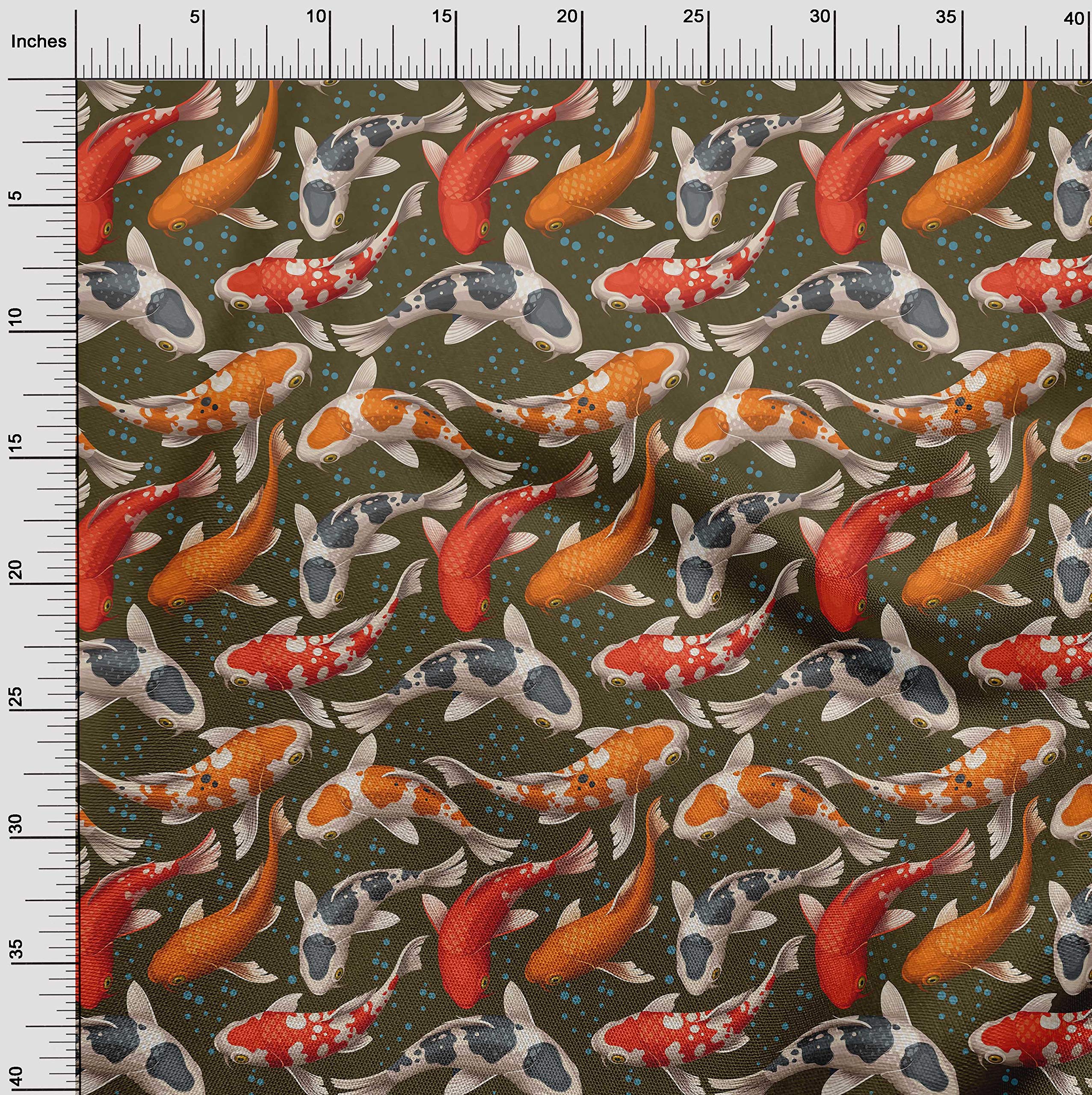 oneOone Cotton Cambric Dark Olive Green Fabric with Bubbles & Koi Fish Ocean Print - 56 Inch Wide DIY Sewing Material for Clothing, Quilting, and Home Decor Projects