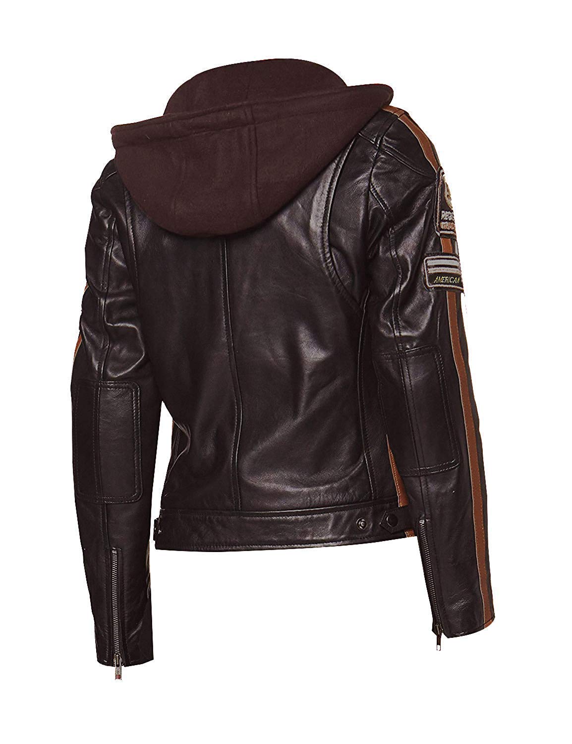 Vintage Women's Biker Jacket with Hood - Cafe Racer Style Leather Motorcycle Jacket with Retro Badges & Patches | Perfect for Riding, Casual Wear & Fashion Outfits