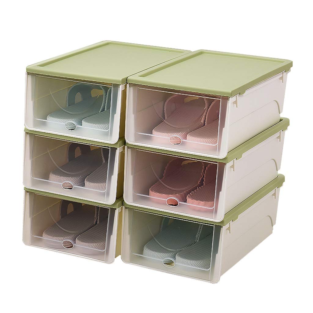 LEI789LL Stackable Plastic Shoe Rack with Transparent Door - 6-Piece Drawer-Type Shoe Storage Organizer (Green) | Portable Shoe Sorting Box for Closet, Entryway & Bedroom Organization