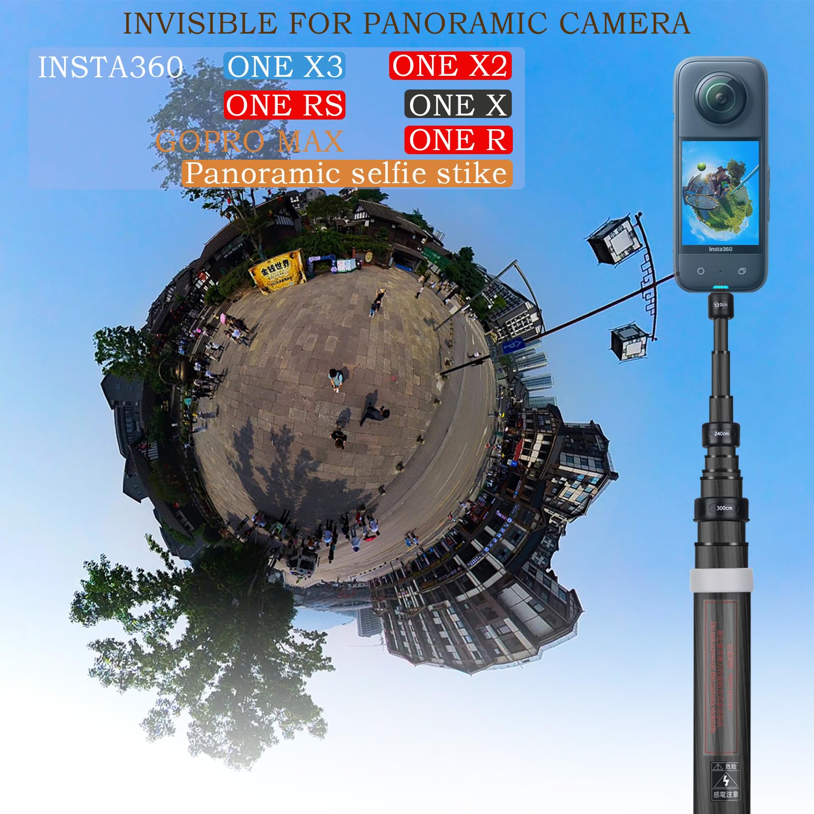 36cm to 3m (9.8ft) Extendable Carbon Fiber Selfie Stick for Insta360 ONE X3/X2/R/RS/X/GO 2 - Lightweight & Durable Camera Accessories for Vlogging, Travel & Outdoor Adventures (Grey)