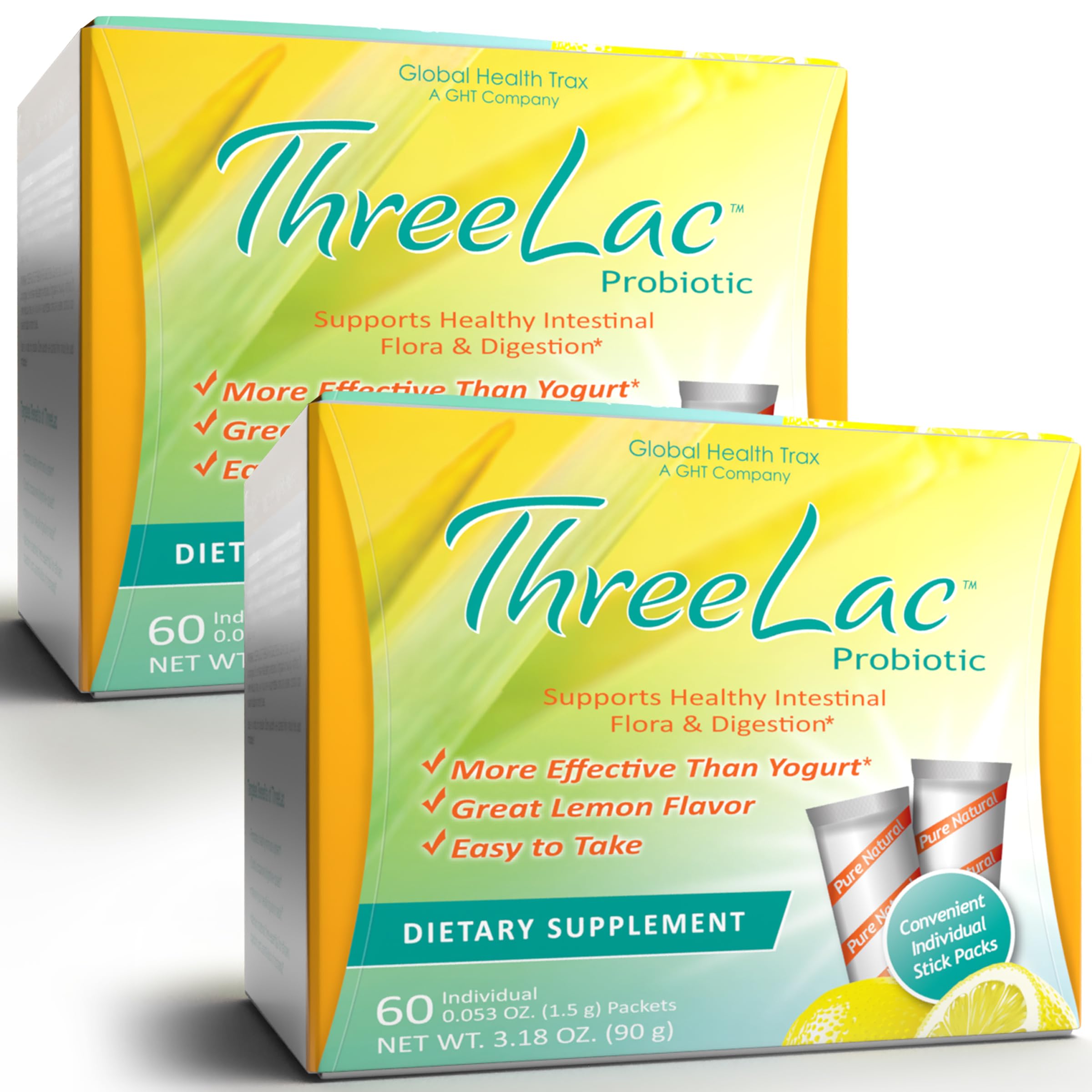 ThreeLac Lemon Probiotic Drink Mix for Digestive Health & Immune Support - Advanced Gut Balance Powder Formula for Men, Women & Kids - Non-GMO, 120 Packets - Perfect for Travel, Work & Daily Wellness Routine
