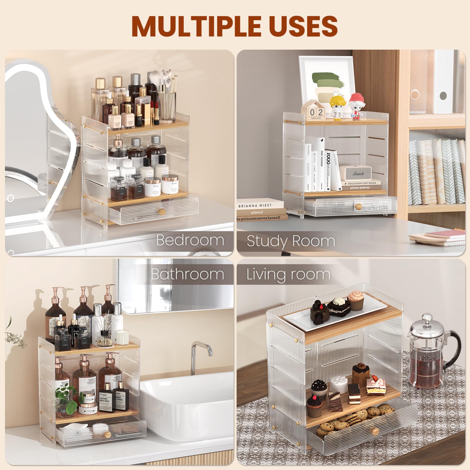 2-Tier Acrylic Bathroom Organizer with Adjustable Height - Countertop Makeup & Vanity Storage for Perfume, Cosmetics & Coffee Station - Perfect for Small Spaces & Clutter-Free Bathroom Organization