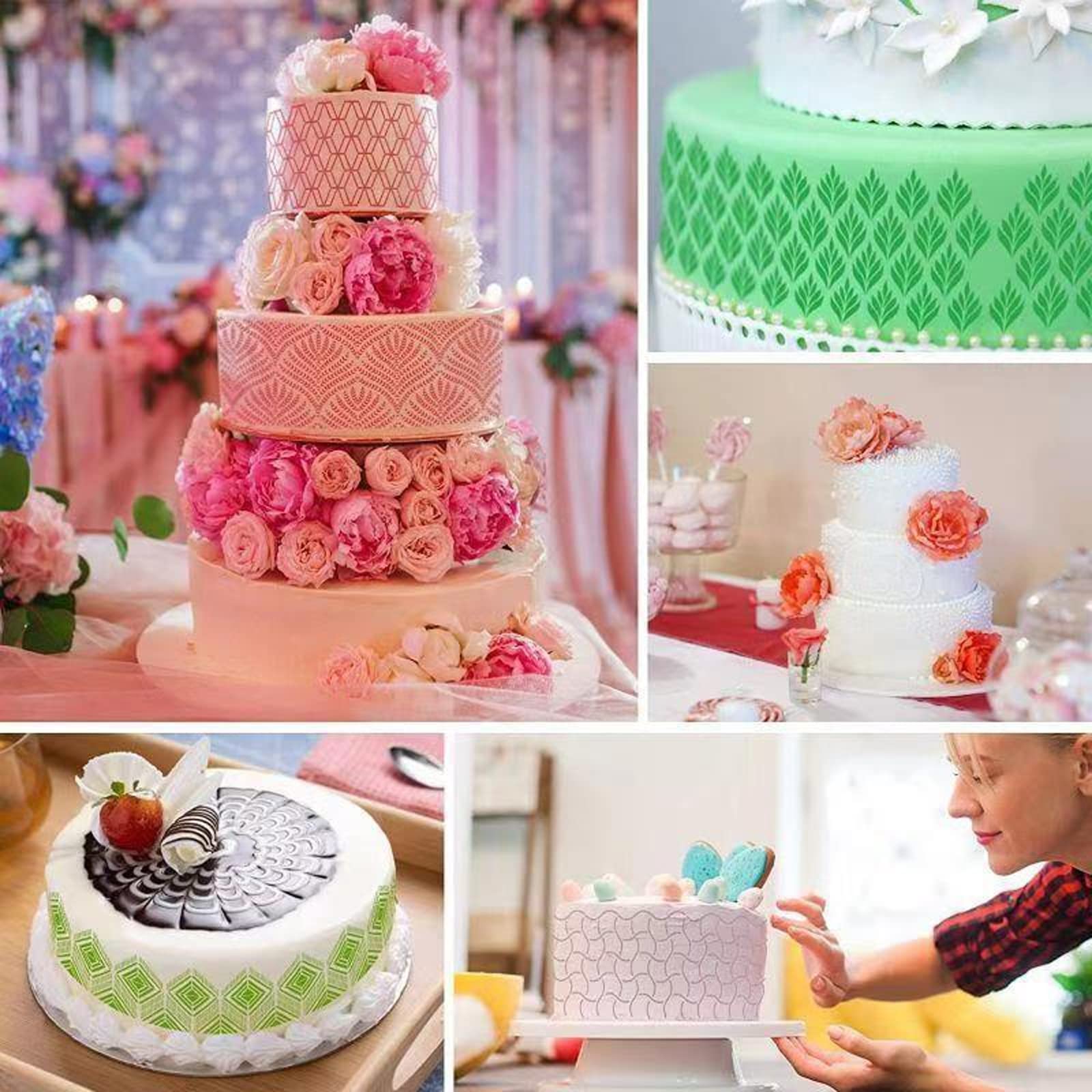 4-Piece Cake Decorating Stencils Set - Wheat Spike Lace Border & Buttercream Flower Embossing Molds for Fondant, Cookies, Desserts | DIY Baking Tools for Wedding, Birthday, Holiday Cakes