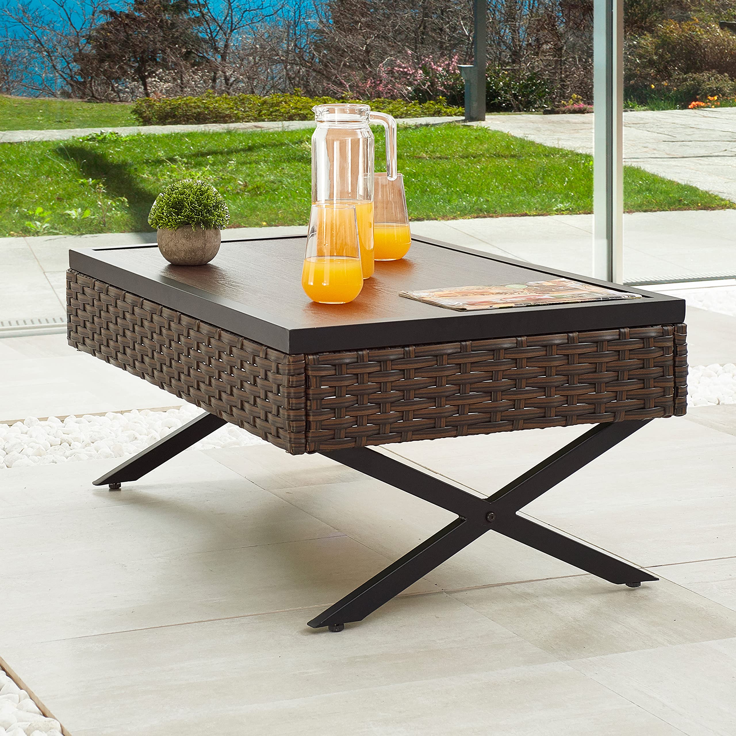 **Rattan Wicker Metal Outdoor Side Coffee Table - Steel X-Leg Bistro Dining Table for Patio, Garden & Poolside Use**