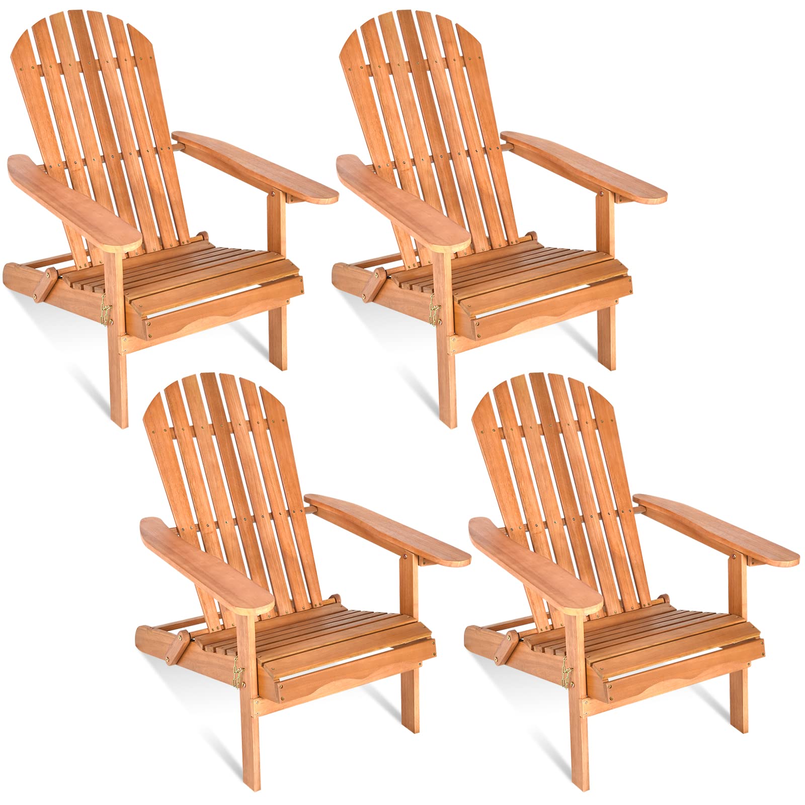 Tangkula Folding Adirondack Chair - Weather Resistant Outdoor Lounge Chair with Eucalyptus Wood Frame for Patio, Porch, Deck, Poolside & Backyard - Perfect for Relaxing, Sunbathing and Outdoor Entertaining (Set of 4)