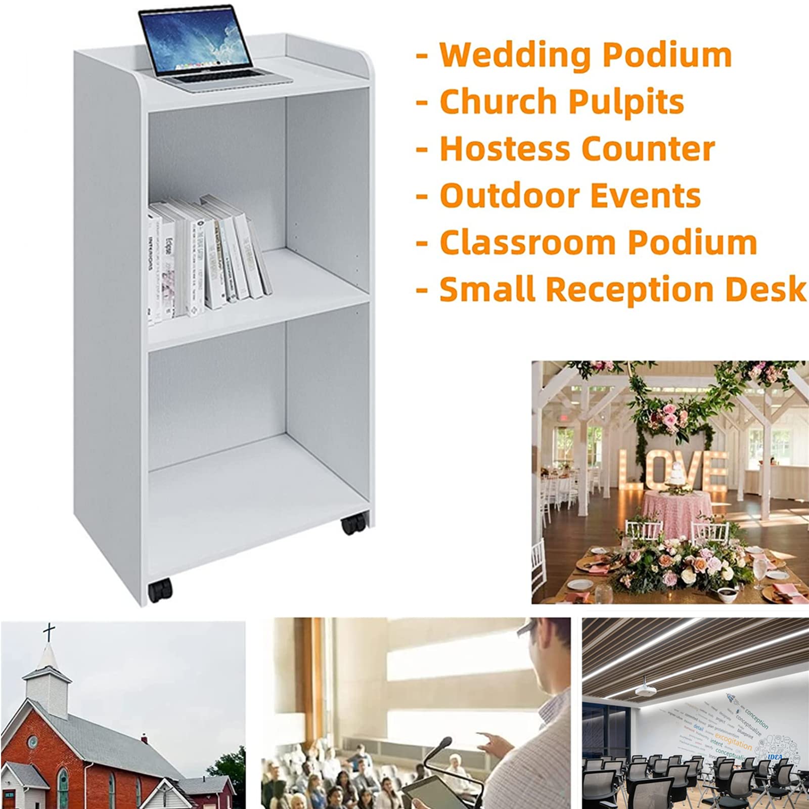 Portable Mobile Podium Stand with Wheels & Adjustable Shelf - White Hostess Stand for Church, Conference, Auditorium & Classroom | Perfect for Speeches, Presentations & Events