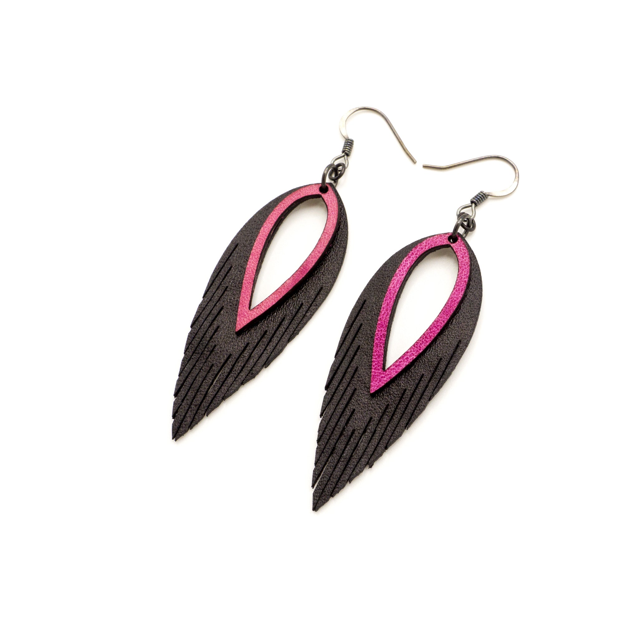Nativas 2 Layer Leather Earrings for Women - Stylish Black & Fuchsia Dangle Earrings | Perfect for Casual Wear, Parties & Special Occasions
