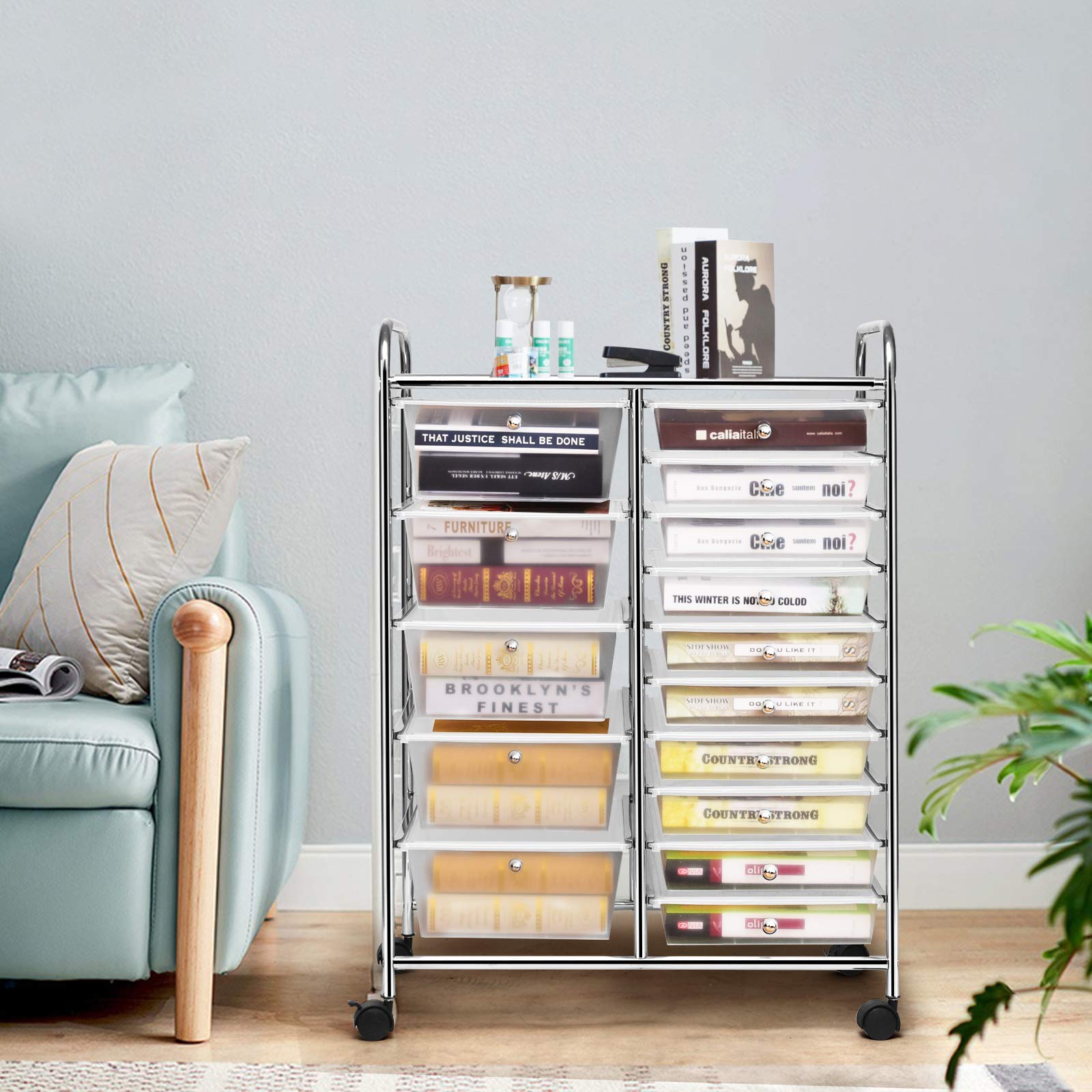 HAPPYGRILL 15-Drawer Rolling Storage Cart with Wheels - Organizer for Tools, Office, School & Craft Supplies - Portable Utility Cart for Home, Office & Classroom Organization