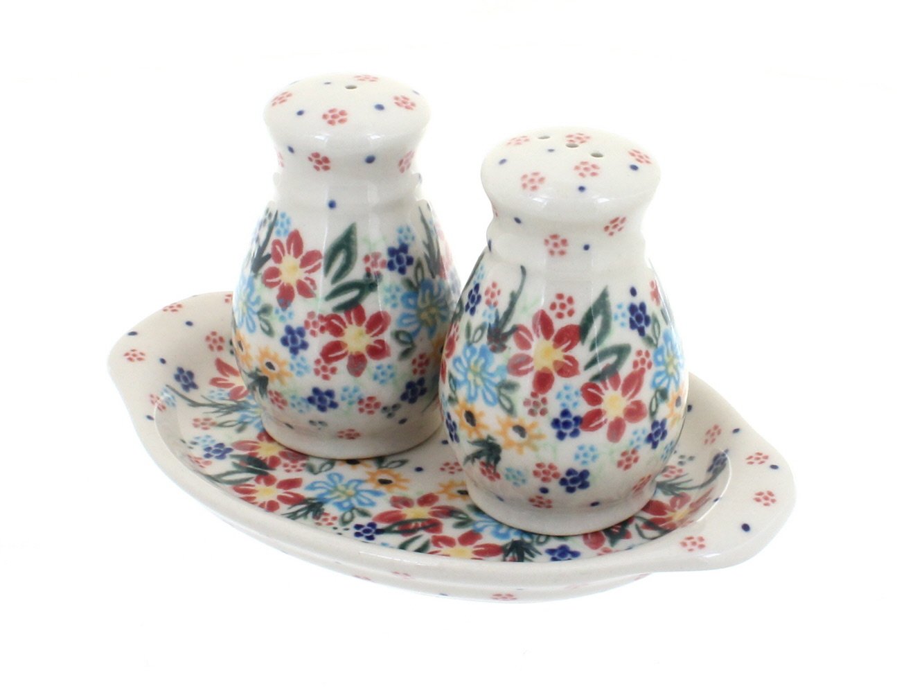 Blue Rose Polish Pottery Tara Salt and Pepper Shakers Set with Decorative Tray - Vintage Ceramic Spice Shakers for Kitchen, Dining Table, and Gift Giving