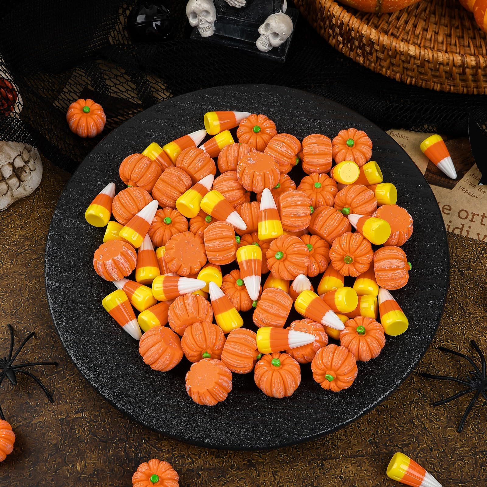 80Pcs Halloween Resin Charms - Mini Fake Pumpkin & Candy Corn Decorations for DIY Crafts, Party Favors, Scrapbooking, and Spooky Home Decor