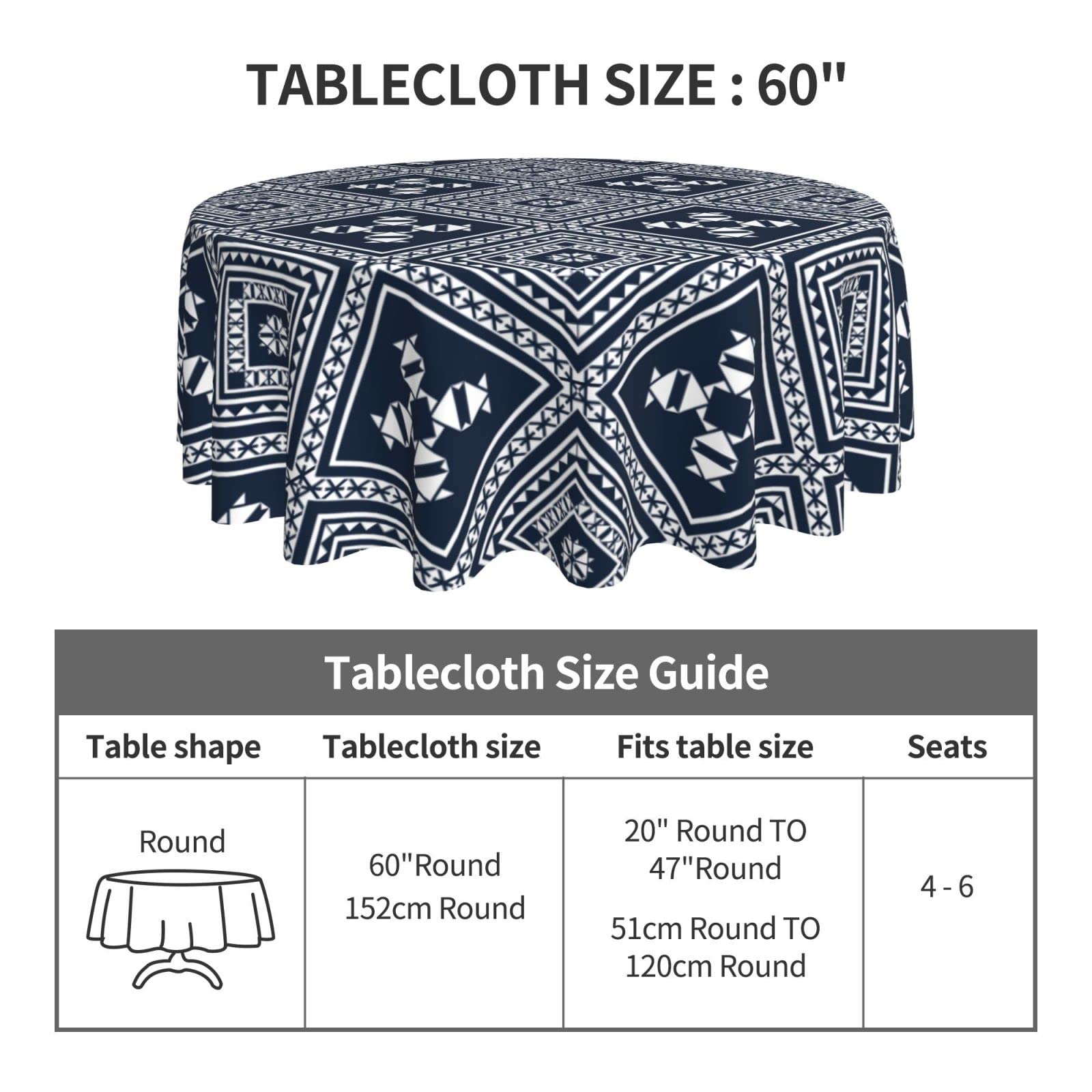 60 Inch Navy Native American Round Tablecloth - Spill Proof & Washable - Perfect for Dinner Parties, Picnics, Camping & Themed Decorations - Native American Inspired Tabletop Decor for Home & Outdoor Events