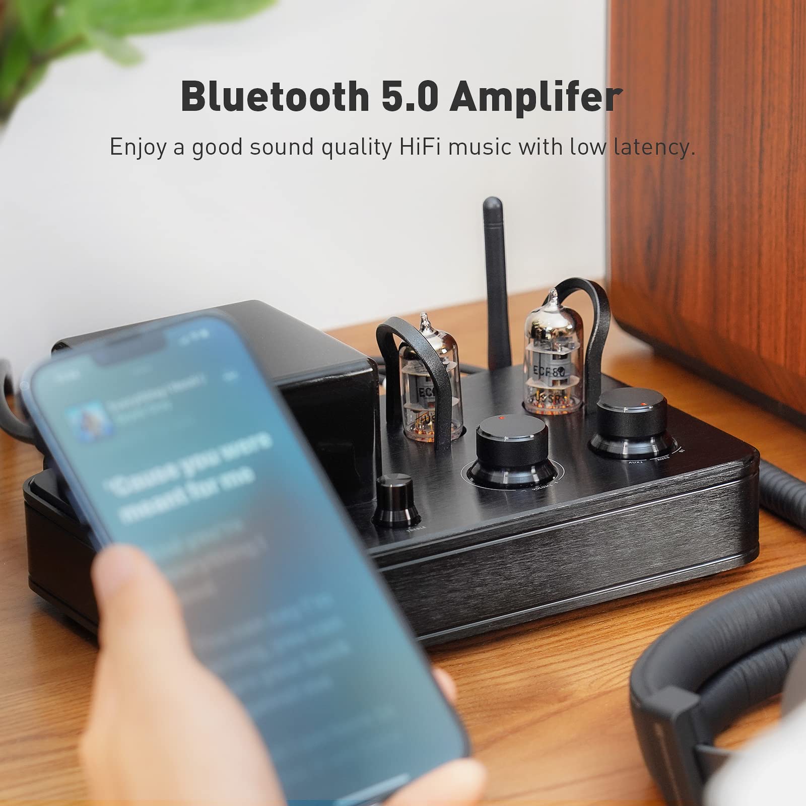2.1 Channel Bluetooth 5.0 Stereo Receiver Amplifier with Hi-Fi Tube Headphone Amp - Wireless Audio System for Home Theater, Passive Speakers & Headphones - USB/Aux Input for Vinyl, TV, PC & Gaming Setup