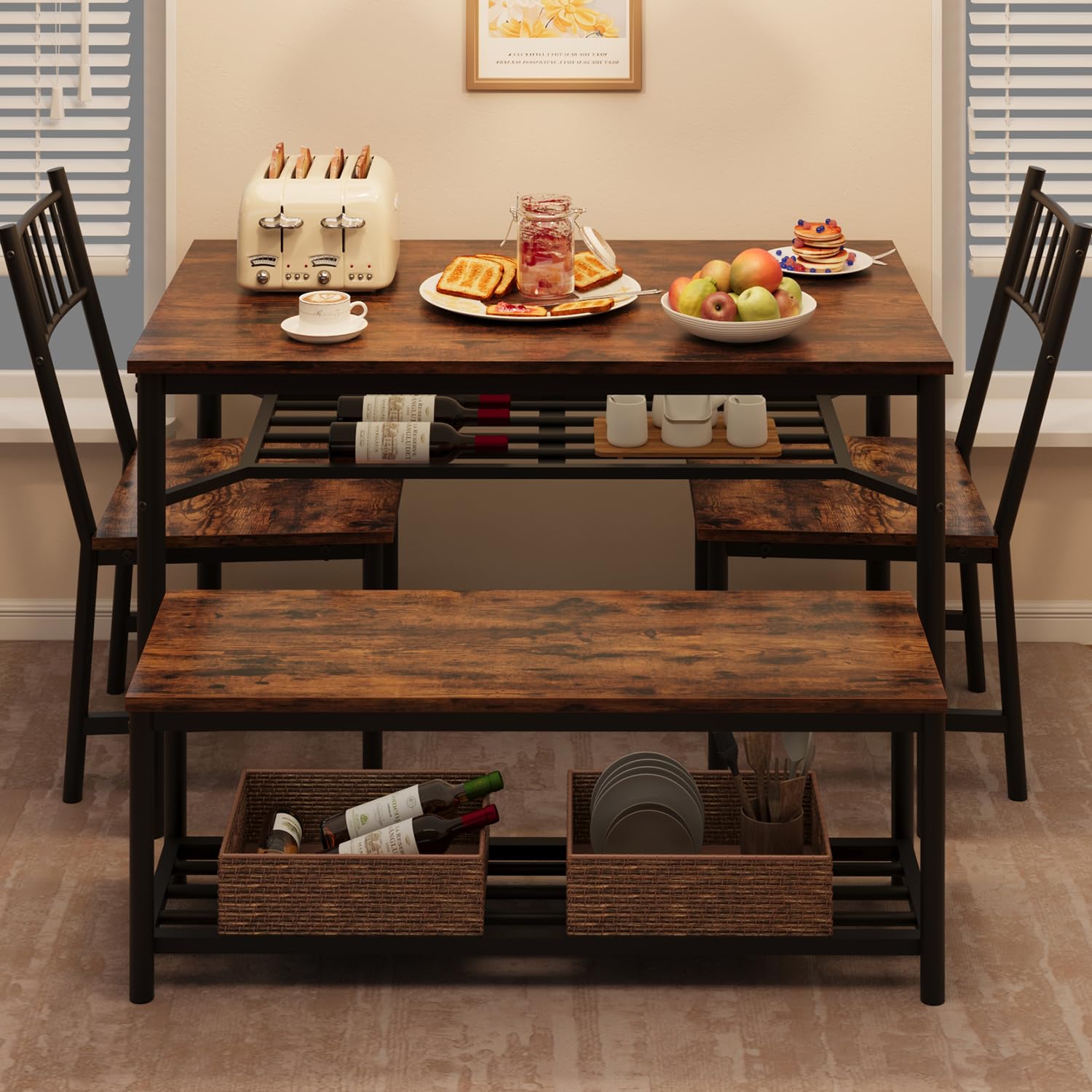4-Piece Retro Brown Dining Table Set with Wine Rack & Storage Benches - Space-Saving Rectangular Kitchen Table for Small Apartments | Perfect for Family Meals, Entertaining Guests & Compact Living Spaces