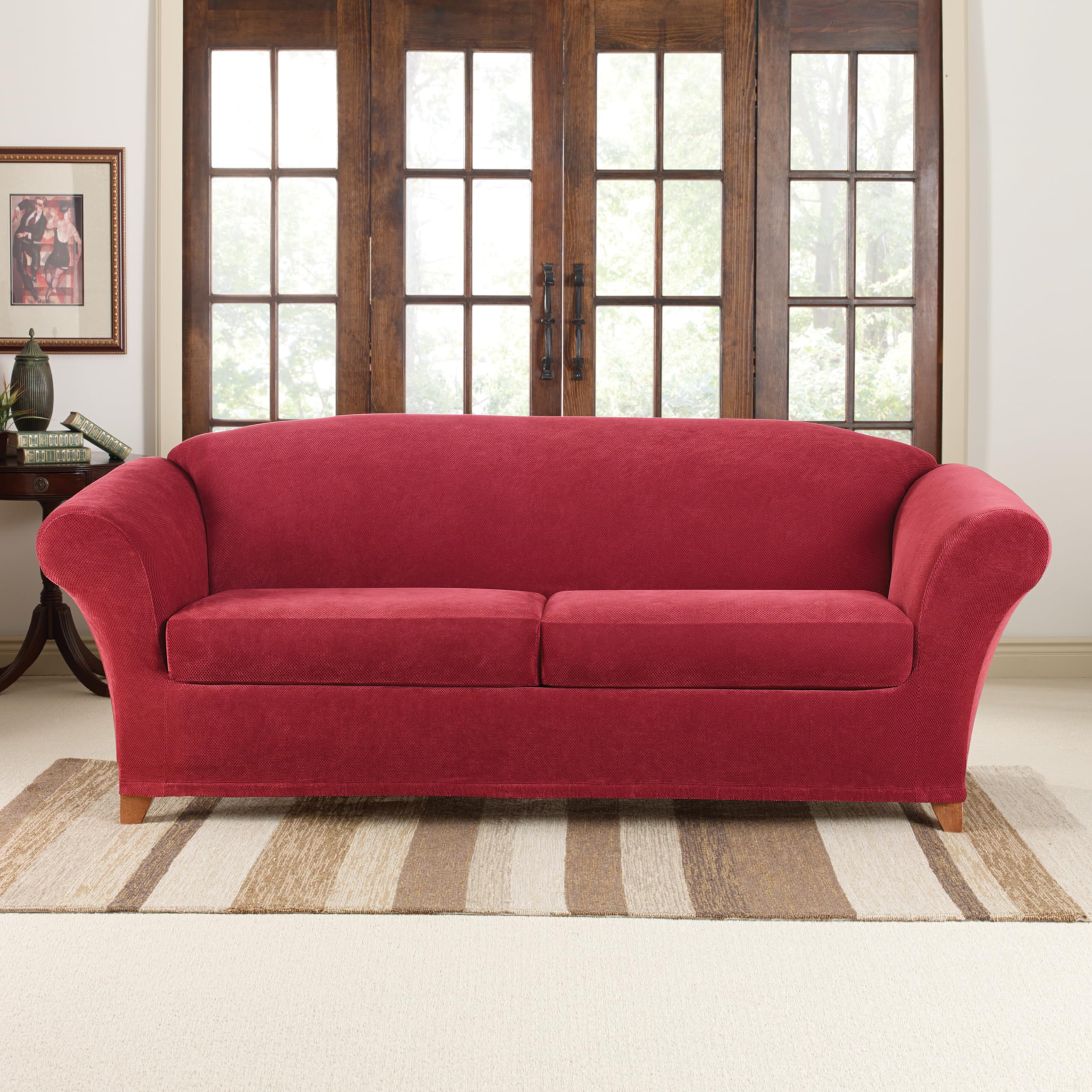 SureFit Stretch Pique 2-Seat Sofa Slipcover - Garnet Red (SF43520) | Washable Furniture Protector for Living Room, Apartment & Dorm