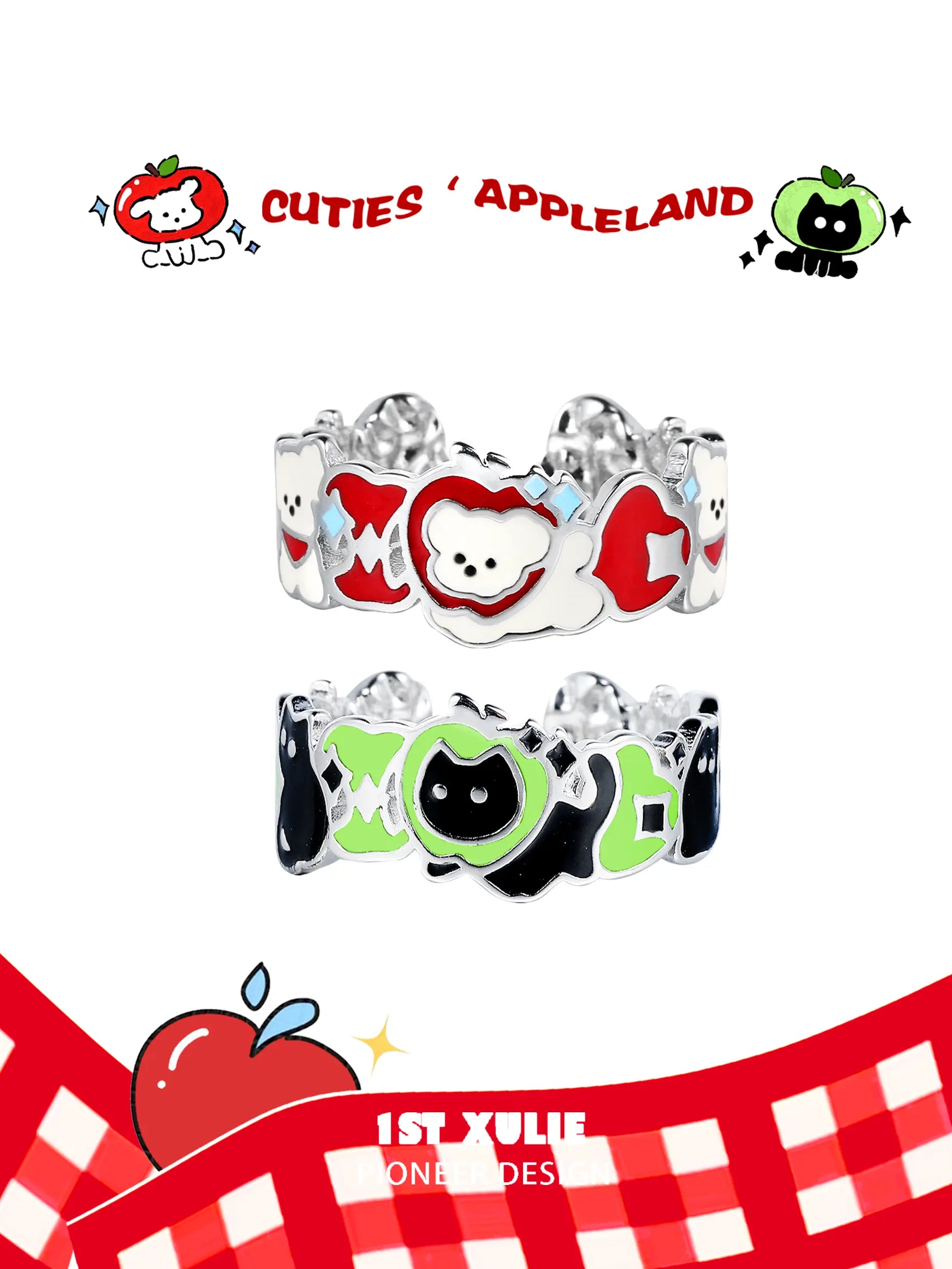 Cuties' Appleland Kitten & Puppy 925 Sterling Silver Apple Slices Open Ring - Cute Animal Jewelry for Women, Girls | Perfect Gift for Pet Lovers, Birthday, Anniversary