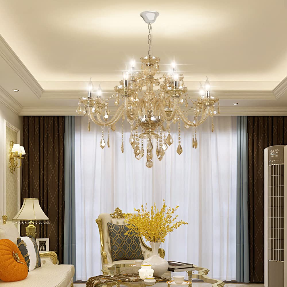 Modern Luxury K9 Crystal Chandelier - 12-Light Cognac Crystal Pendant Light Fixture with Candle Style Design for Dining Room, Hotel, Hallway, Bar & Restaurant Lighting | Elegant Ceiling Light for Wedding Venues, Luxury Homes & Fine Dining Establishments