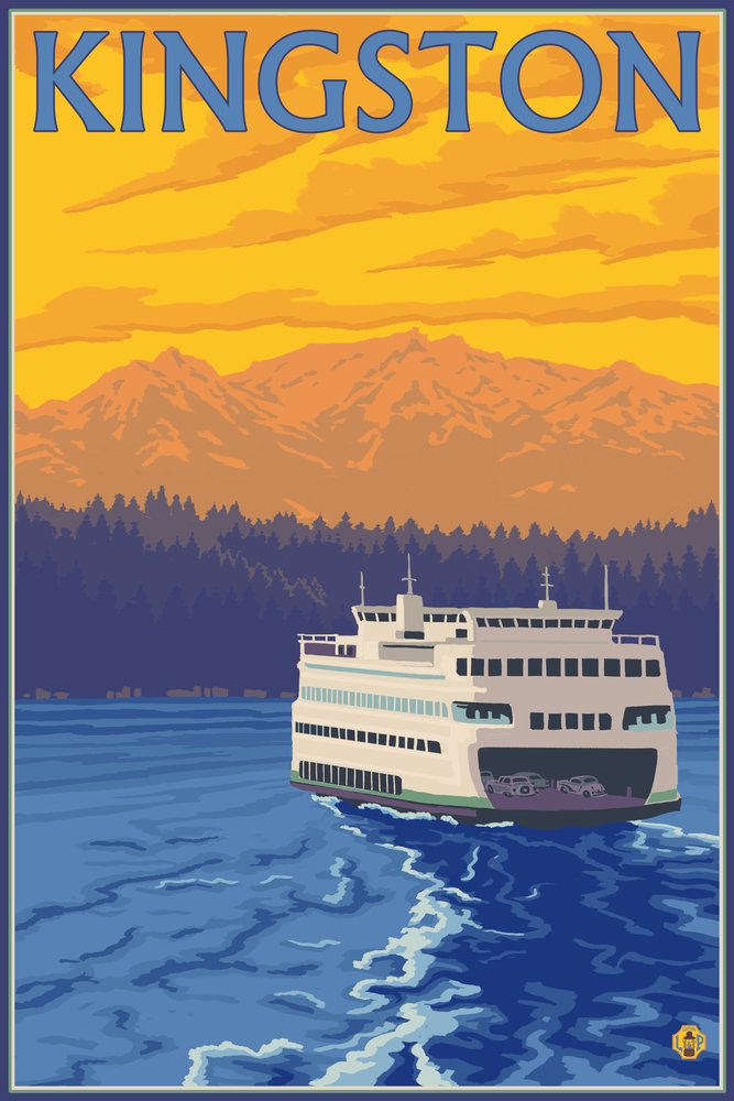 Lantern Press Ferry and Mountains Kingston WA Wall Art - 16x24 Wrapped Canvas Print - Pacific Northwest Landscape Decor for Living Room, Bedroom & Office