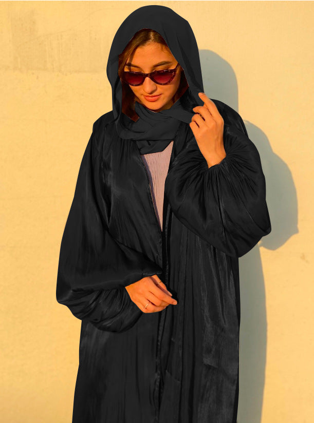 Elegant Muslim Abaya Dress for Women - Shining Silklike Kimono Cardigan with Puff Sleeves | Eid, Summer, Dubai & Turkey Fashion | Perfect for Prayer, Parties & Special Occasions