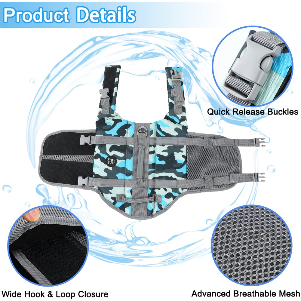 EMUST Adjustable Dog Life Jacket with Rescue Handle - Flotation Vest for Small/Medium/Large Dogs (XS-XXL) - New Blue Camouflage Design - Perfect for Swimming, Boating & Water Safety