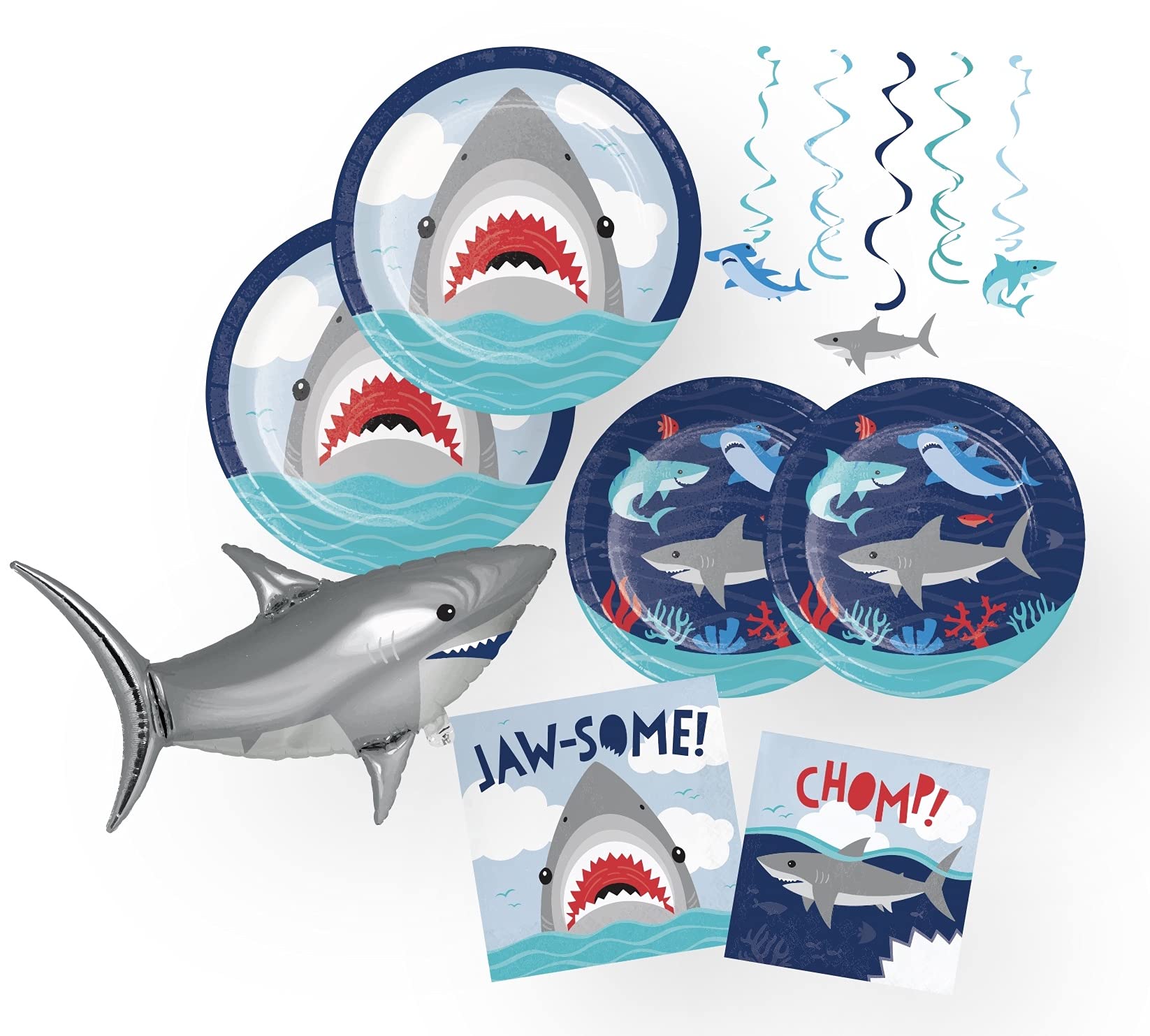 Creative Converting Shark Party Supplies - 70-Piece Set with Plates, Napkins & Balloon Decorations for Kids Birthday, Baby Shower & Ocean Theme Events