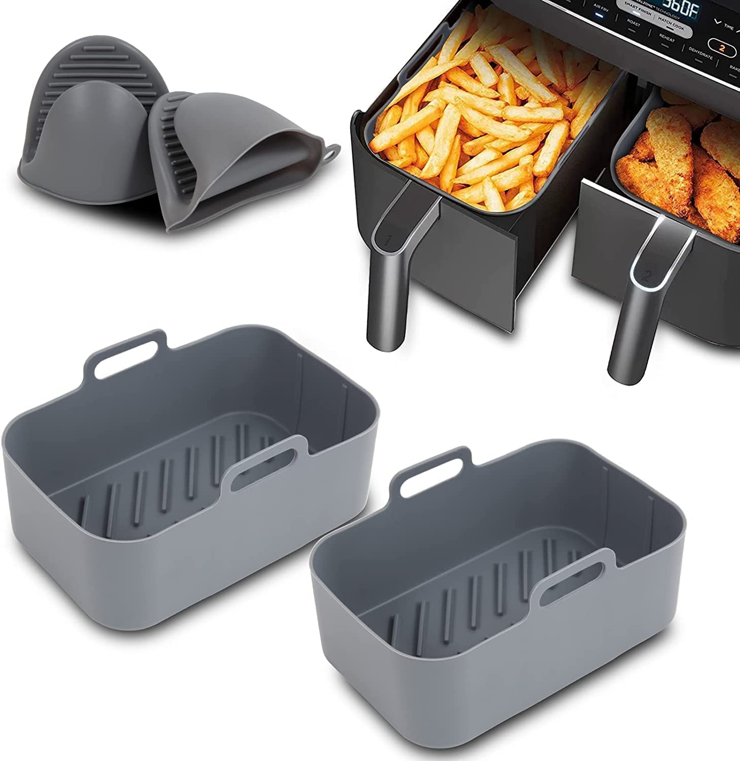 2-Pack Silicone Air Fryer Liners for Ninja 8 QT - Reusable Non-Stick Basket Insert Accessories (Grey) - Perfect for Cooking, Baking & Easy Cleanup in Your Ninja Air Fryer