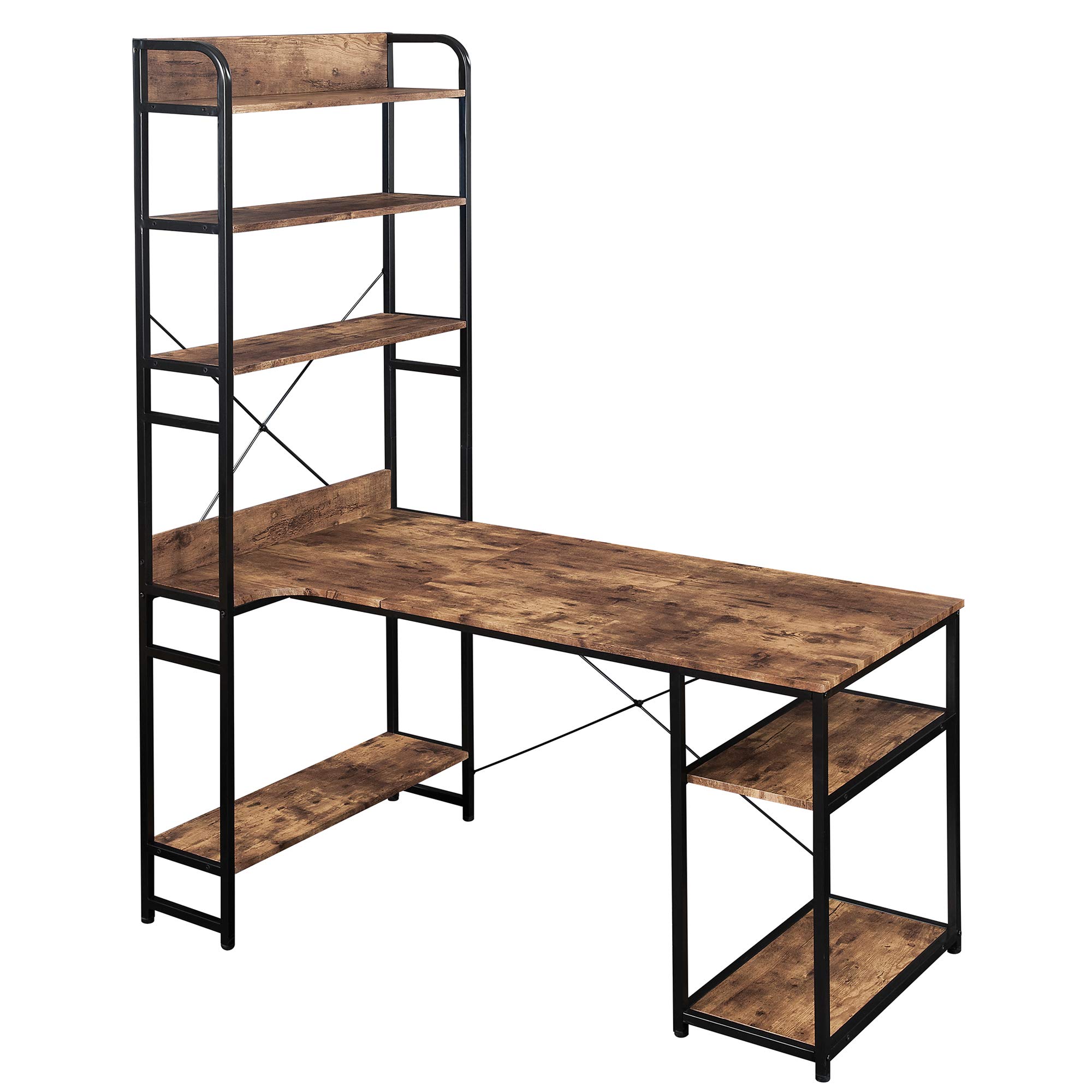 L Shaped Corner Desk with 5-Tier Bookshelf - Home Office Computer Desk, Sturdy Steel Frame & MDF Workstation for Writing, Gaming, Study - Perfect for Small Spaces, Dorm Rooms & Home Offices