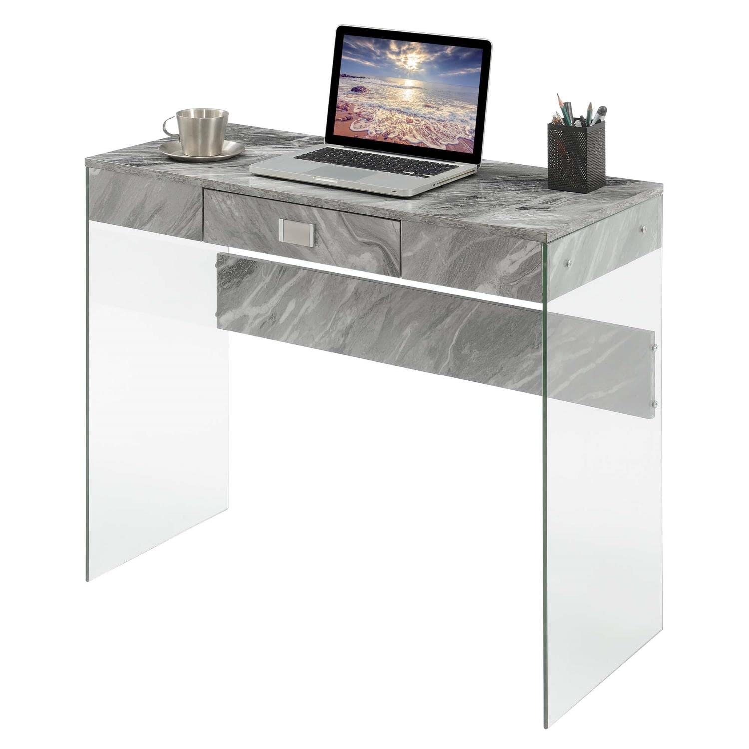 Convenience Concepts SoHo 36-inch Glass Desk with 1 Drawer - Gray Faux Marble & Glass Top - Perfect for Home Office, Study Room & Modern Workspace