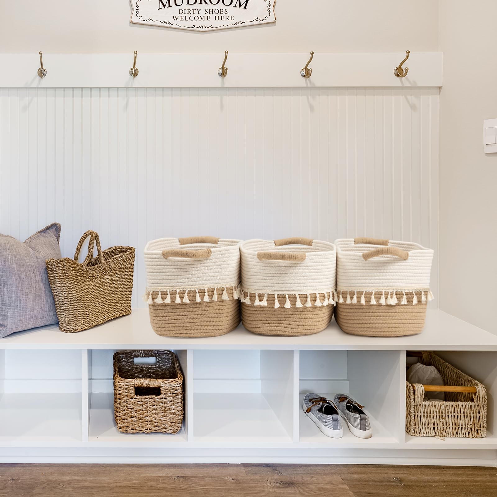 TeoKJ 3-Pack Woven Storage Baskets - Cotton Rope Organizing Bins for Clothes, Books, Plants & Pet Supplies | Boho Chic Home Decor for Bedroom, Nursery & Living Room Organization | White & Jute Fabric Storage Solutions