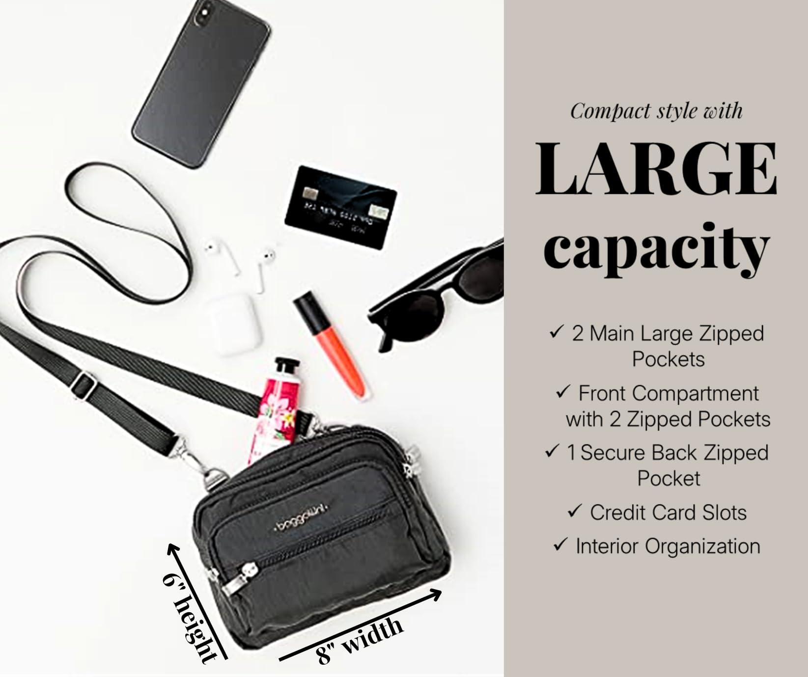 Baggallini Triple Zip Small Crossbody Bag for Women - 8x6 Inch Lightweight Water-Resistant Convertible Fanny Pack Belt Bag - Perfect for Travel, Shopping & Everyday Use
