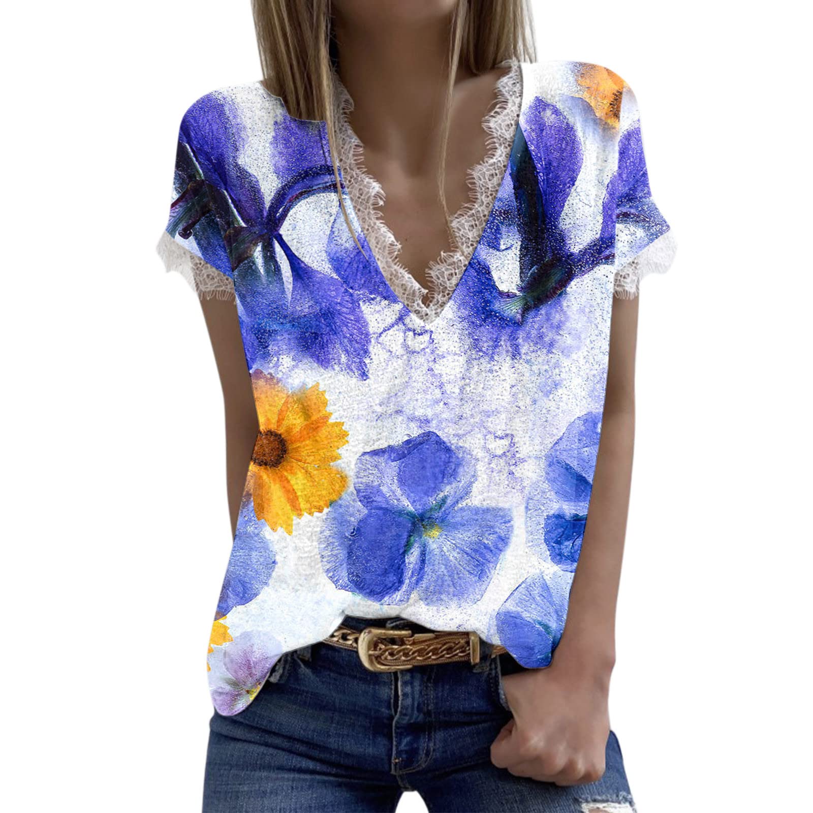 UOKNICE Women's Floral Lace Print Short Sleeve T-Shirt - Trendy Summer Casual Top for Outfits, Date Night & Office Wear