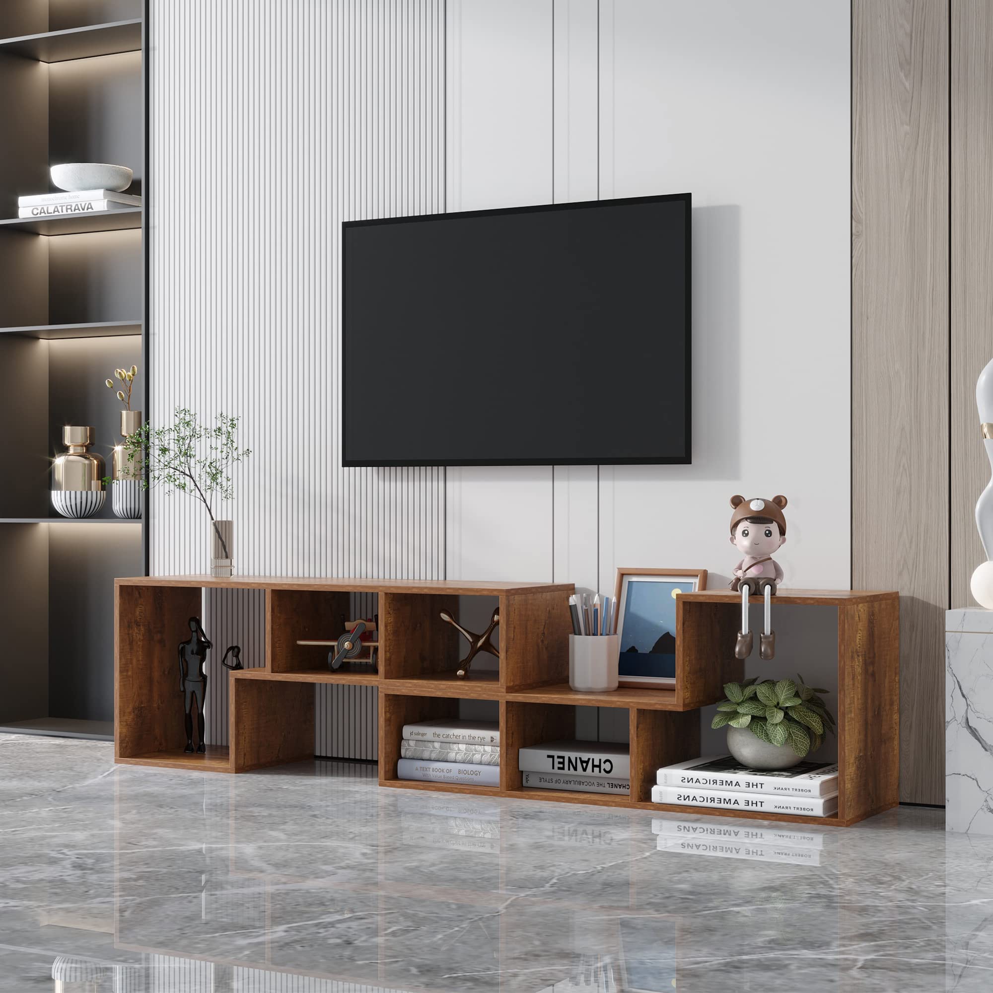 Modern L-Shaped TV Stand for 55-65 Inch TVs - SHAKEN Double TV Cabinet with Storage Shelves, Convertible to Display Stand - Walnut Entertainment Center for Living Room | Perfect for Home Theater Setup & Media Storage