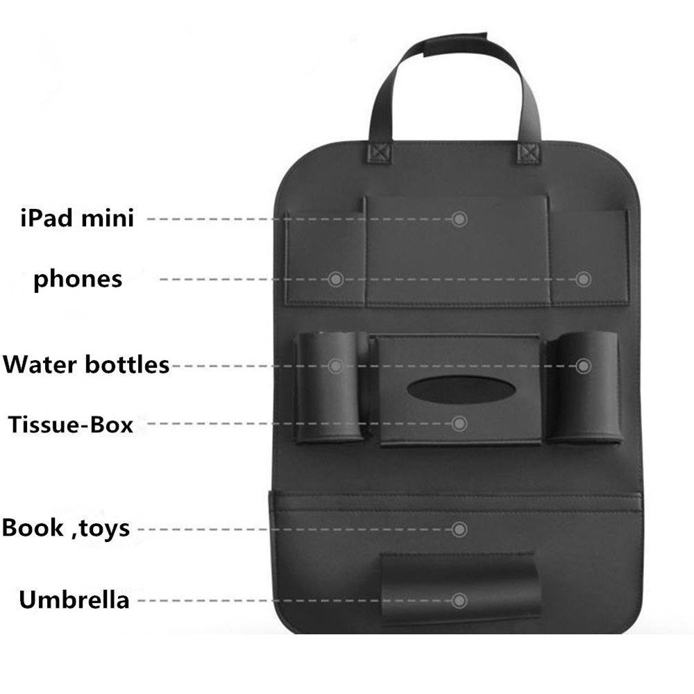 HCMAX 1 Pack Car Seat Back Organizer - PU Leather Storage Pocket with iPad Mini Holder, iPhone Cup Holder & Umbrella/Tissue Box Compartment - Backseat Protector & Kick Mat - Perfect for Road Trips & Family Travel (Black)