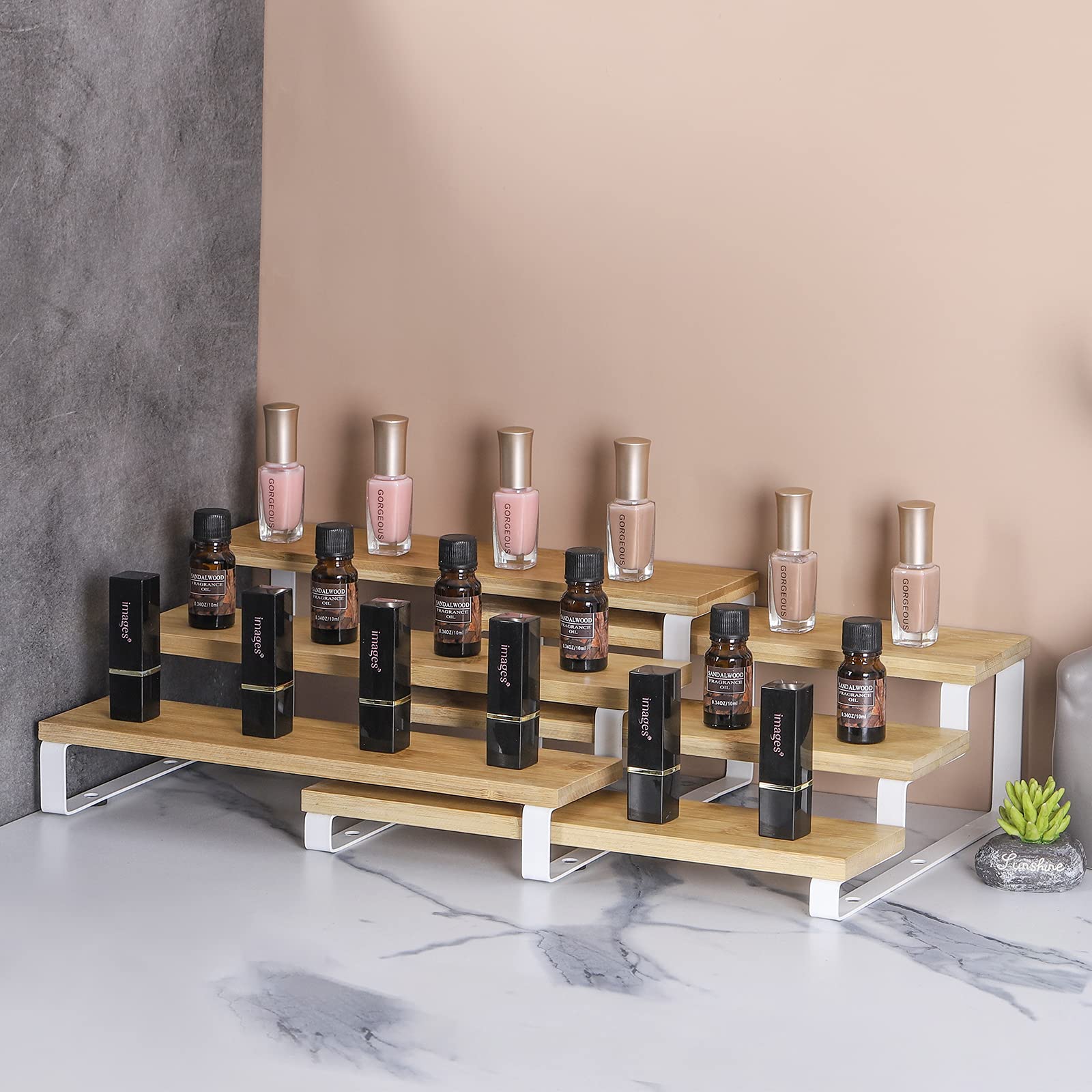 MOOACE Expandable 3-Tier Spice Rack Organizer for Kitchen Cabinet - White & Natural Spice Shelf with Adjustable Shelves (Set of 4) - Perfect for Countertop, Pantry, and Small Space Kitchen Organization