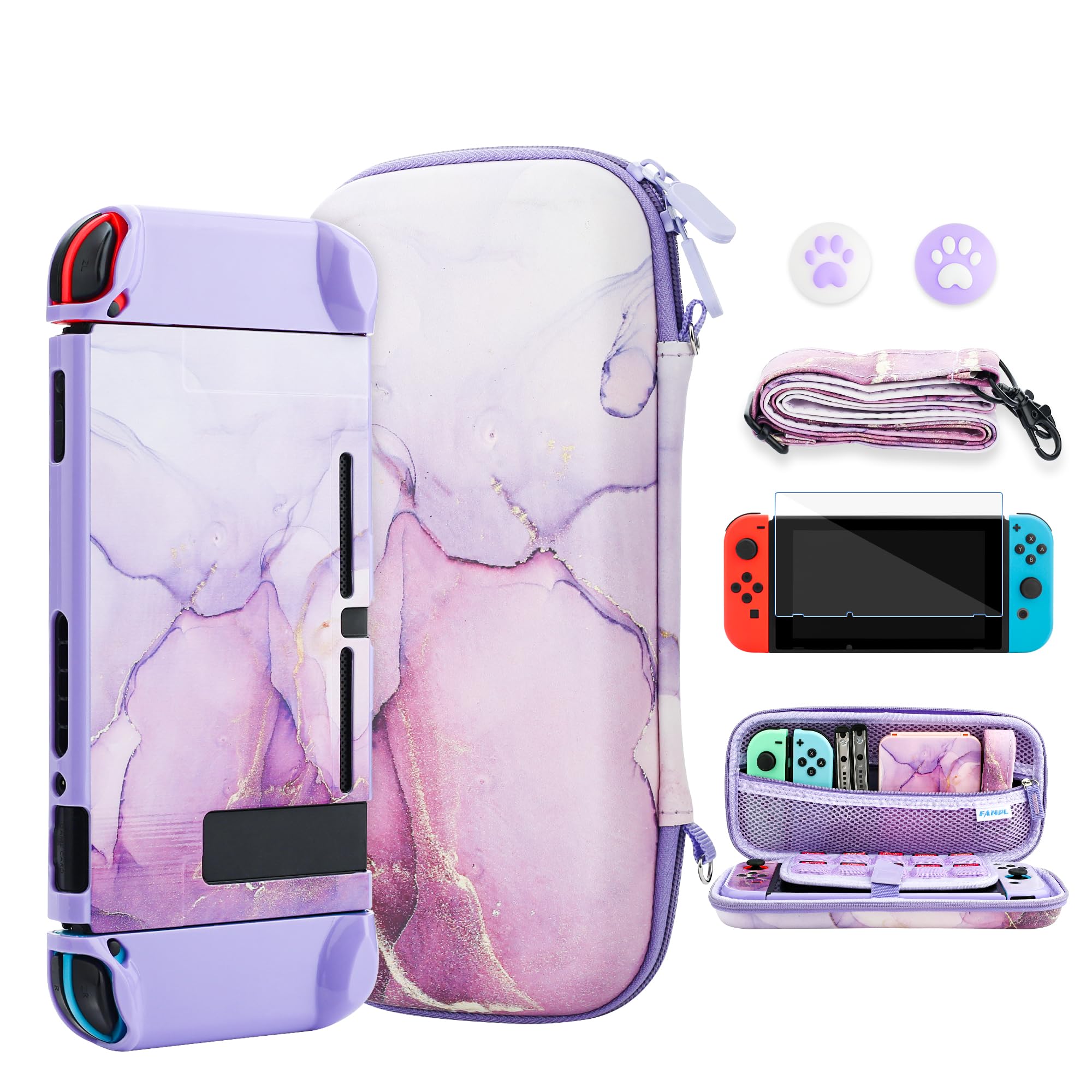 Premium Nintendo Switch Case Bundle - Protective Carrying Case for Switch Console & Joy-Con Controllers with Screen Protector, 2 Thumb Grips & Adjustable Shoulder Strap (Marble Purple) | Perfect for Travel, Gaming On-The-Go & Console Protection