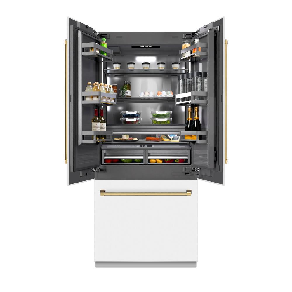 ZLINE Autograph Edition 36 Inch 19.6 Cu Ft French Door Built-In Bottom Freezer Refrigerator with Water Dispenser & Ice Maker - White Matte Exterior, Graphite Gray Interior, Polished Gold Accents (GRBIVZ WM 36 G) - Perfect for Modern Kitchens & Luxury Homes