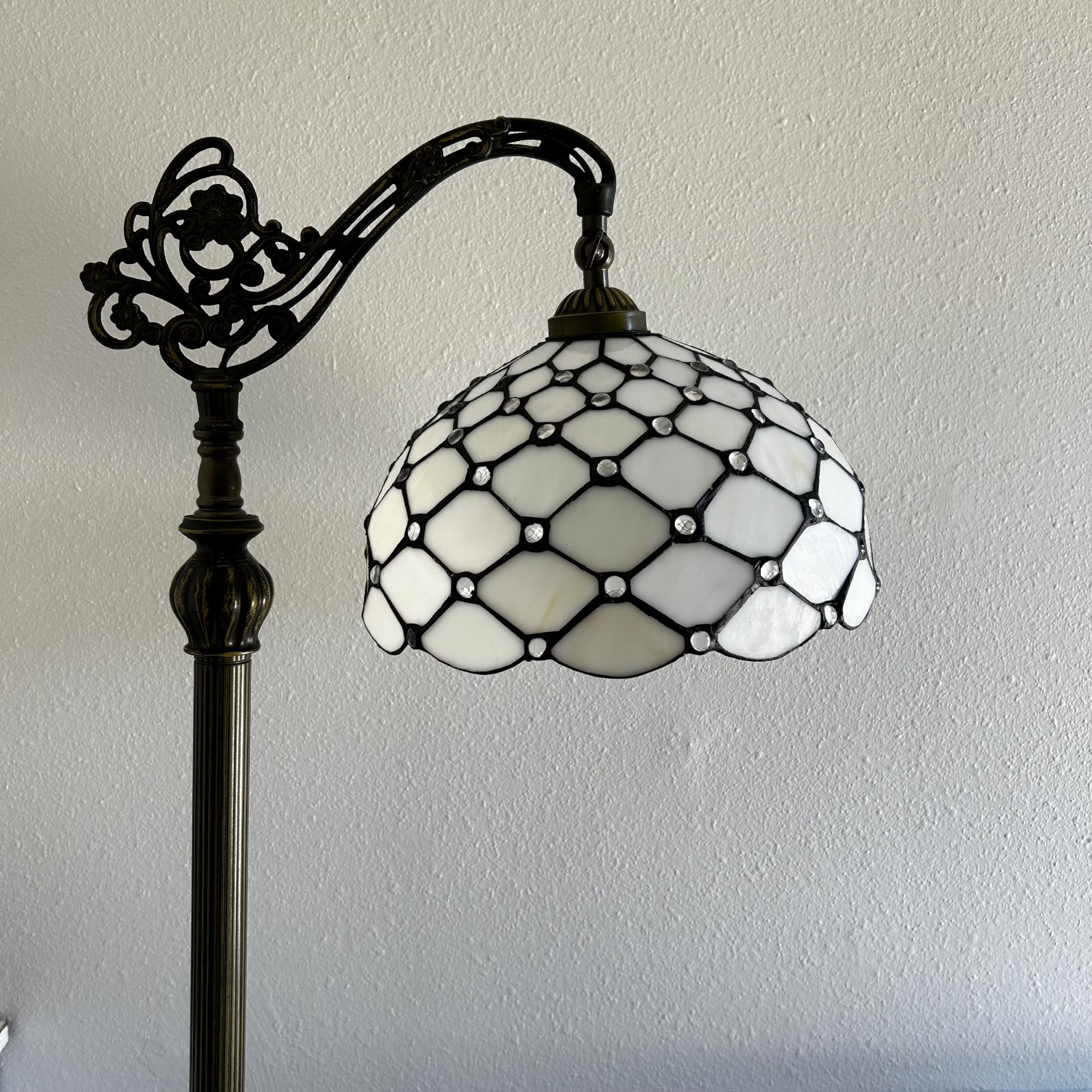 Tiffany Style Floor Lamp with White Stained Glass & Crystal Beads - Adjustable Gooseneck LED Reading Light for Living Room, Bedroom (20