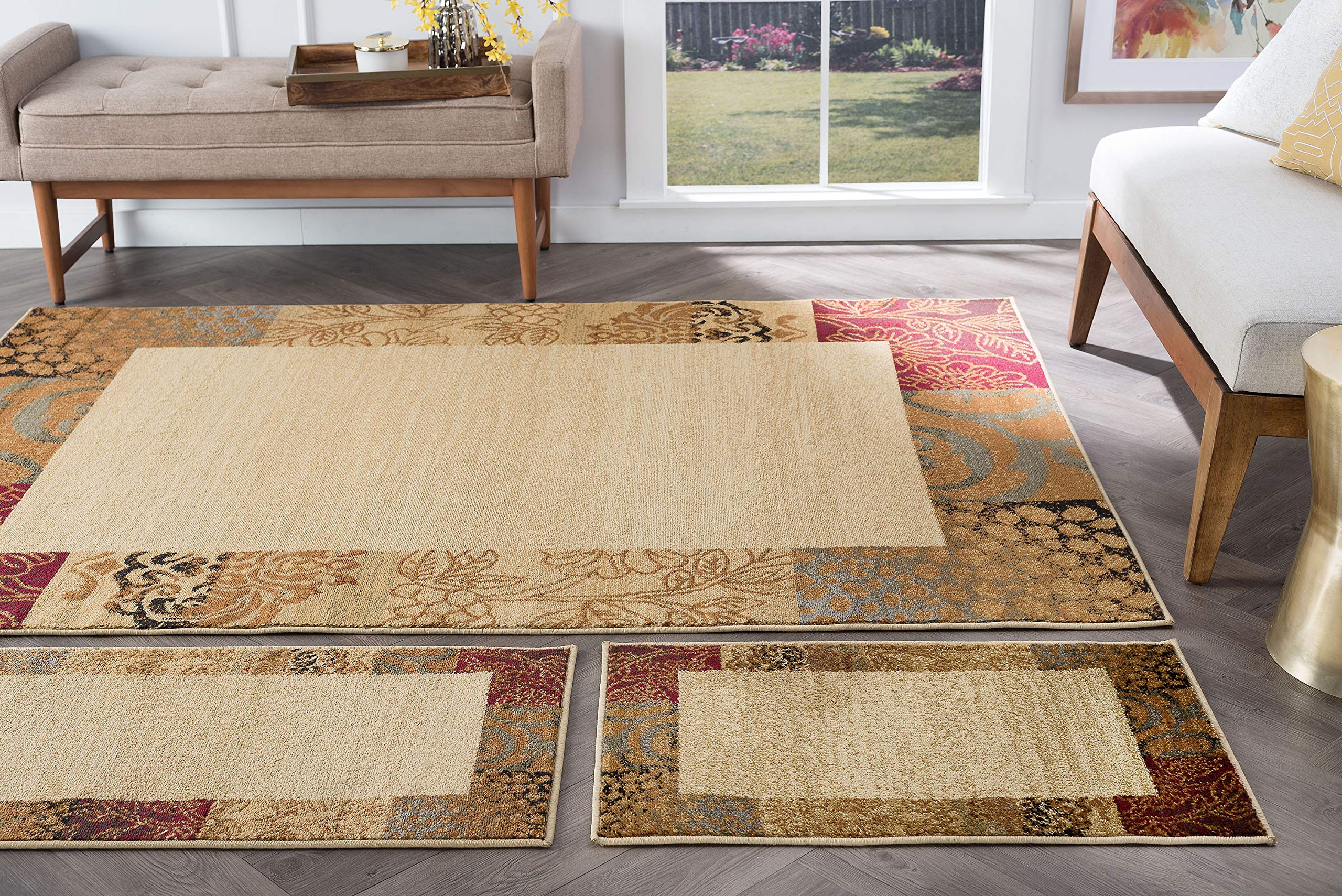 Tayse Sedona Beige 3-Piece Area Rug Set - Soft Transitional Floral Design for Living Room, Bedroom & Home Decor | Perfect for Boho, Farmhouse & Modern Interiors