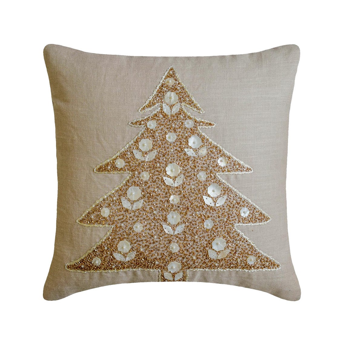 Beige Linen Throw Pillow Cover with Snow Pearl Tree Design - Elegant Home Decor for Sofa, Bed & Living Room