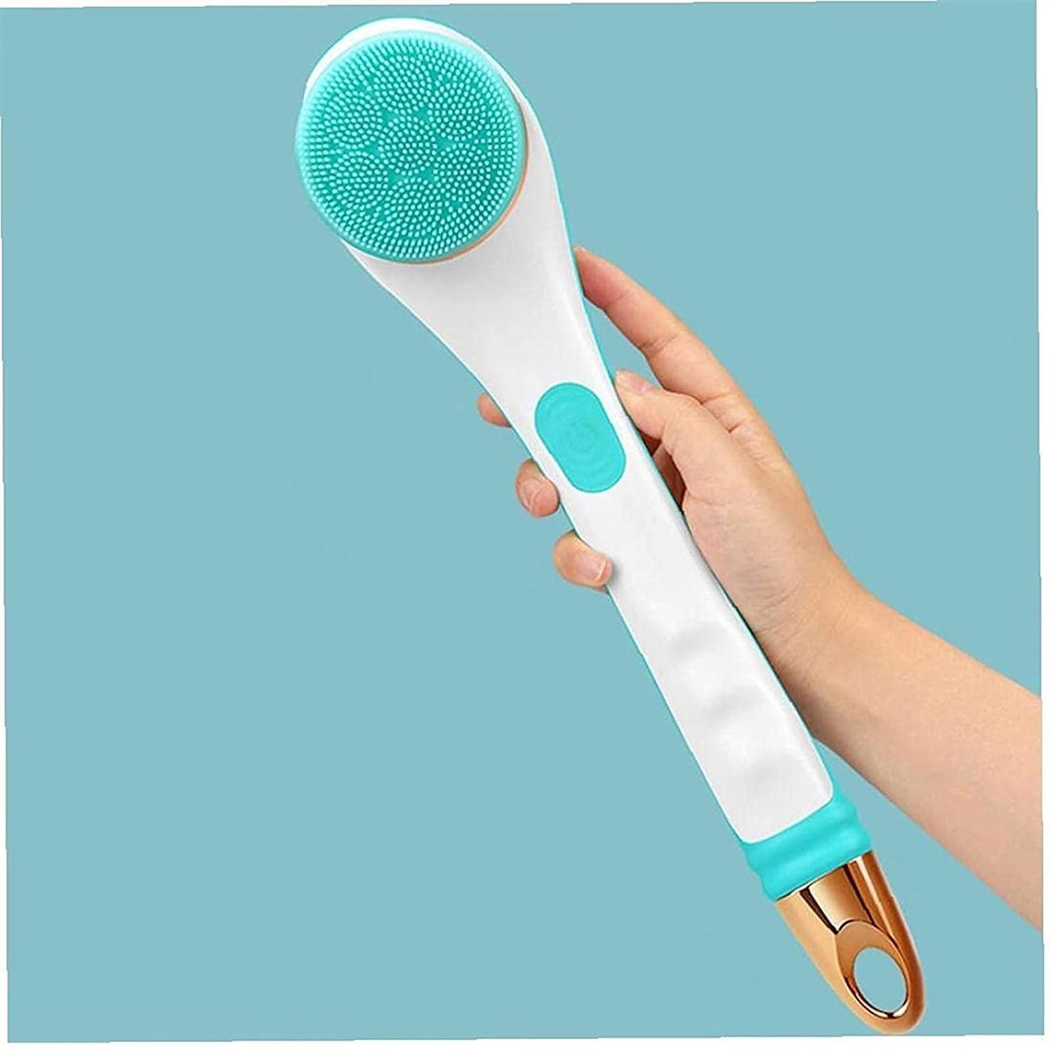 Electric Rechargeable Shower Brush with Long Handle - Waterproof Body Scrubber for Exfoliation & Cleansing | Back Scrub Brush for Men & Women | Perfect for Spa, Bath & Shower (Blue)