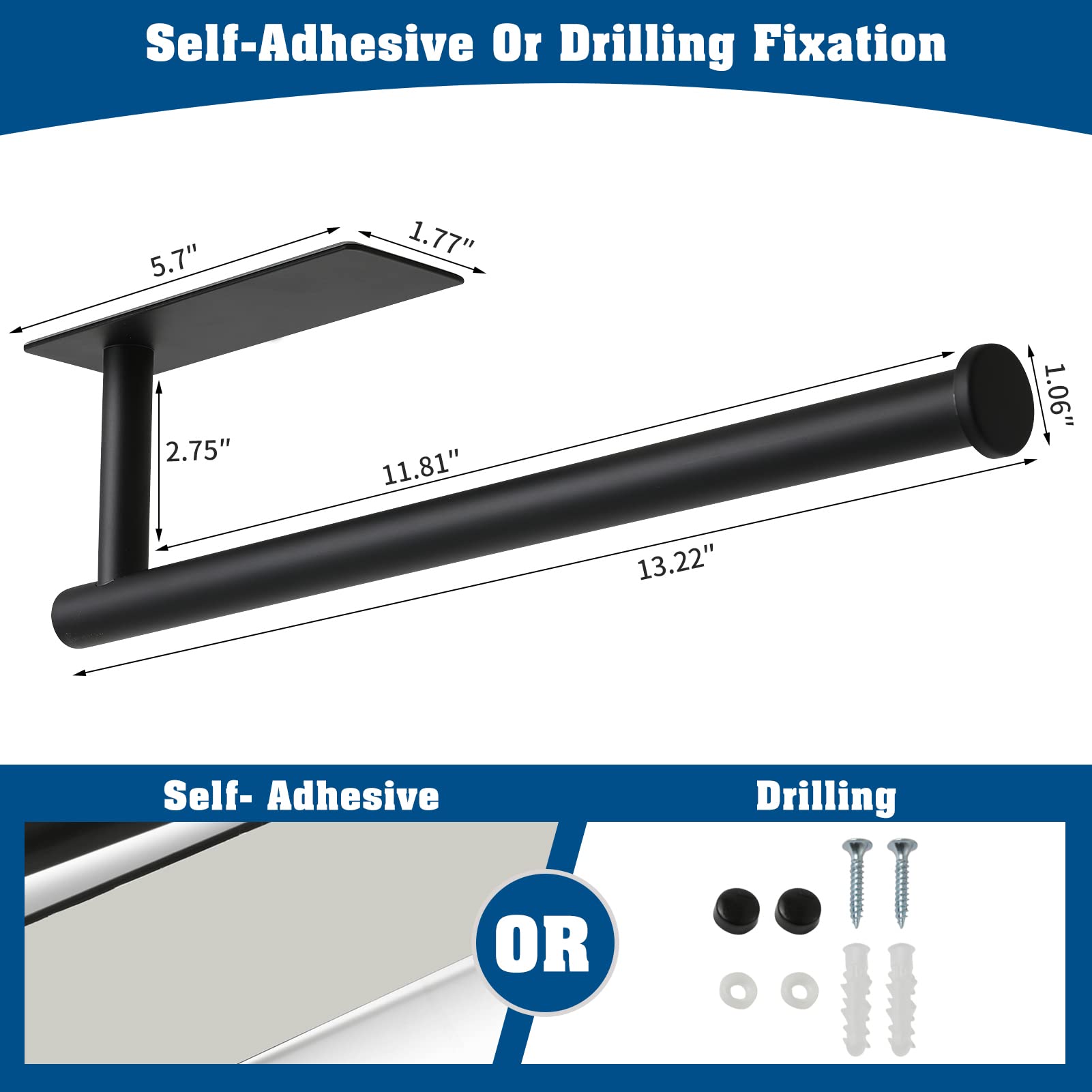 Under Cabinet Paper Towel Holder - Matte Black Stainless Steel Kitchen & Bathroom Towel Rack - Wall Mounted & Adhesive Paper Towel Roll Dispenser - Perfect for Small Spaces, RVs, and Office Use - SUS304 Stainless Steel