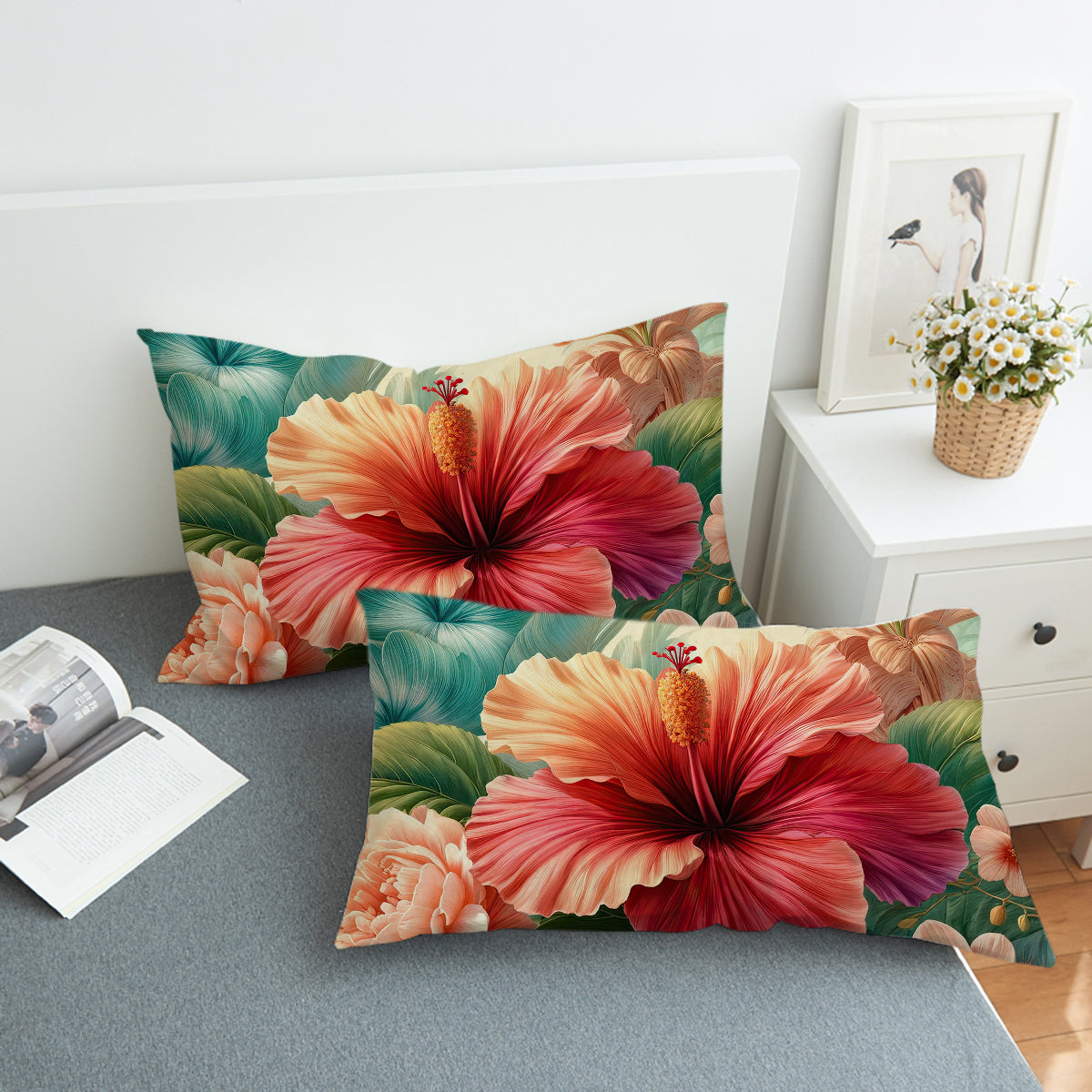 Premium Hibiscus Flower Pillow Sham - Soft & Breathable Cotton Decorative Pillow Cover for Bedroom, Living Room, and Home Decor